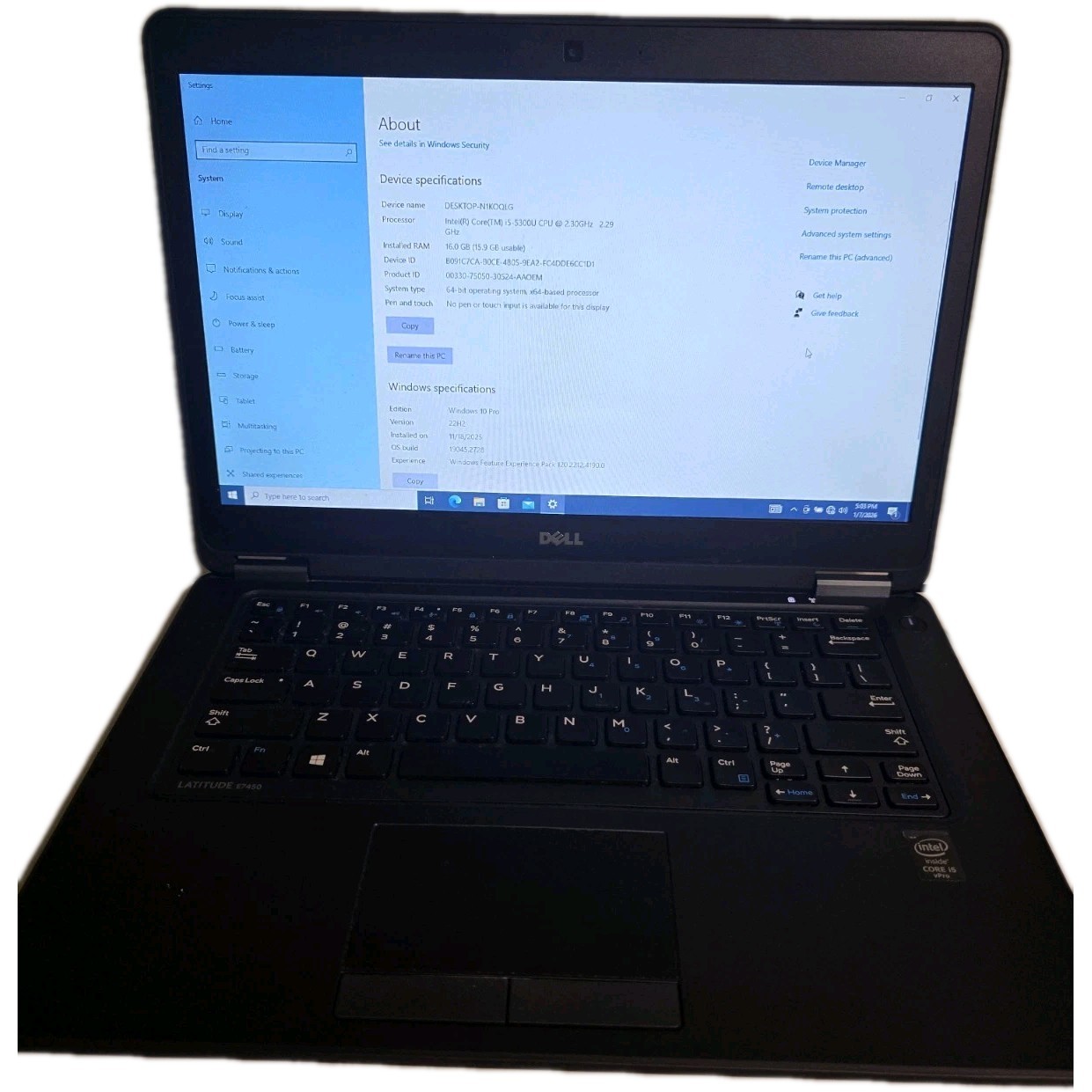 Dell E7450 14″ Laptop 16GB RAM Intel core i5-5300U CPU 2.30 GHz w/ power cord