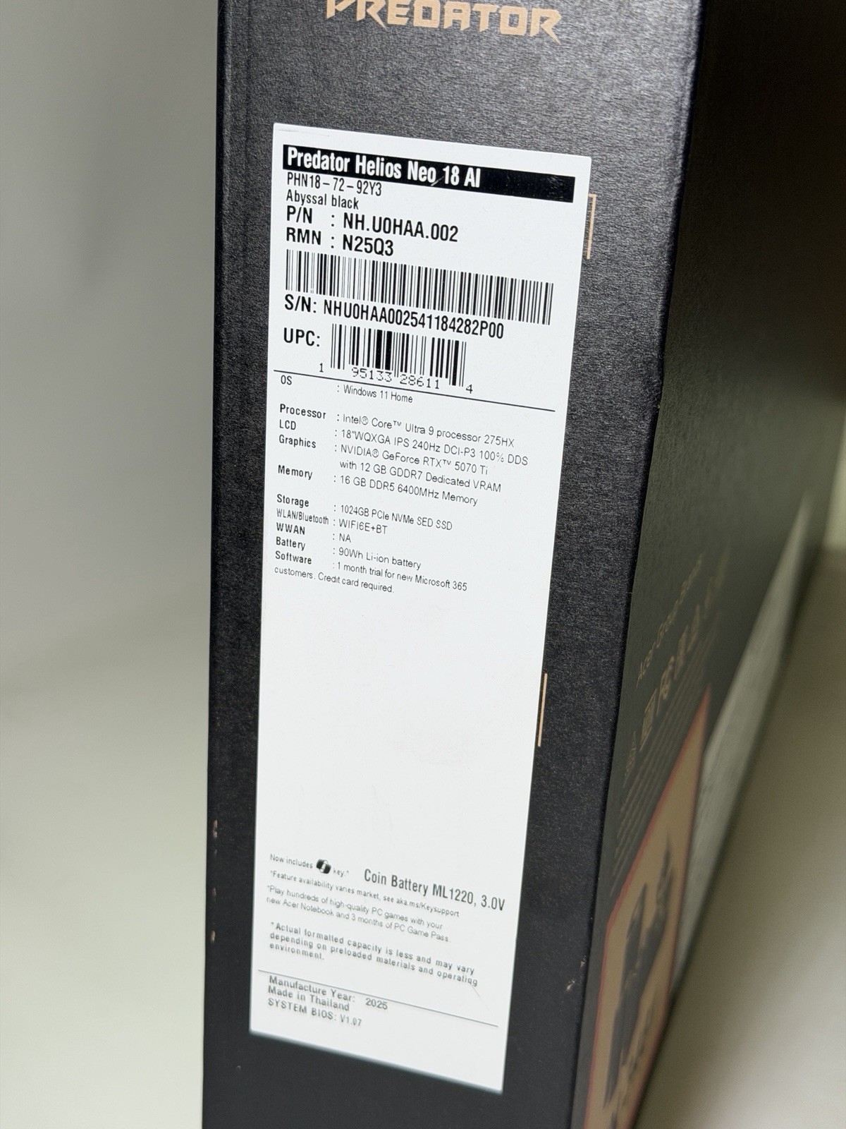 Acer Predator Helios Neo 18 AI IntelCore Ultra 9 RTX 5070 Ti 16GB 1TB SSD 240Hz