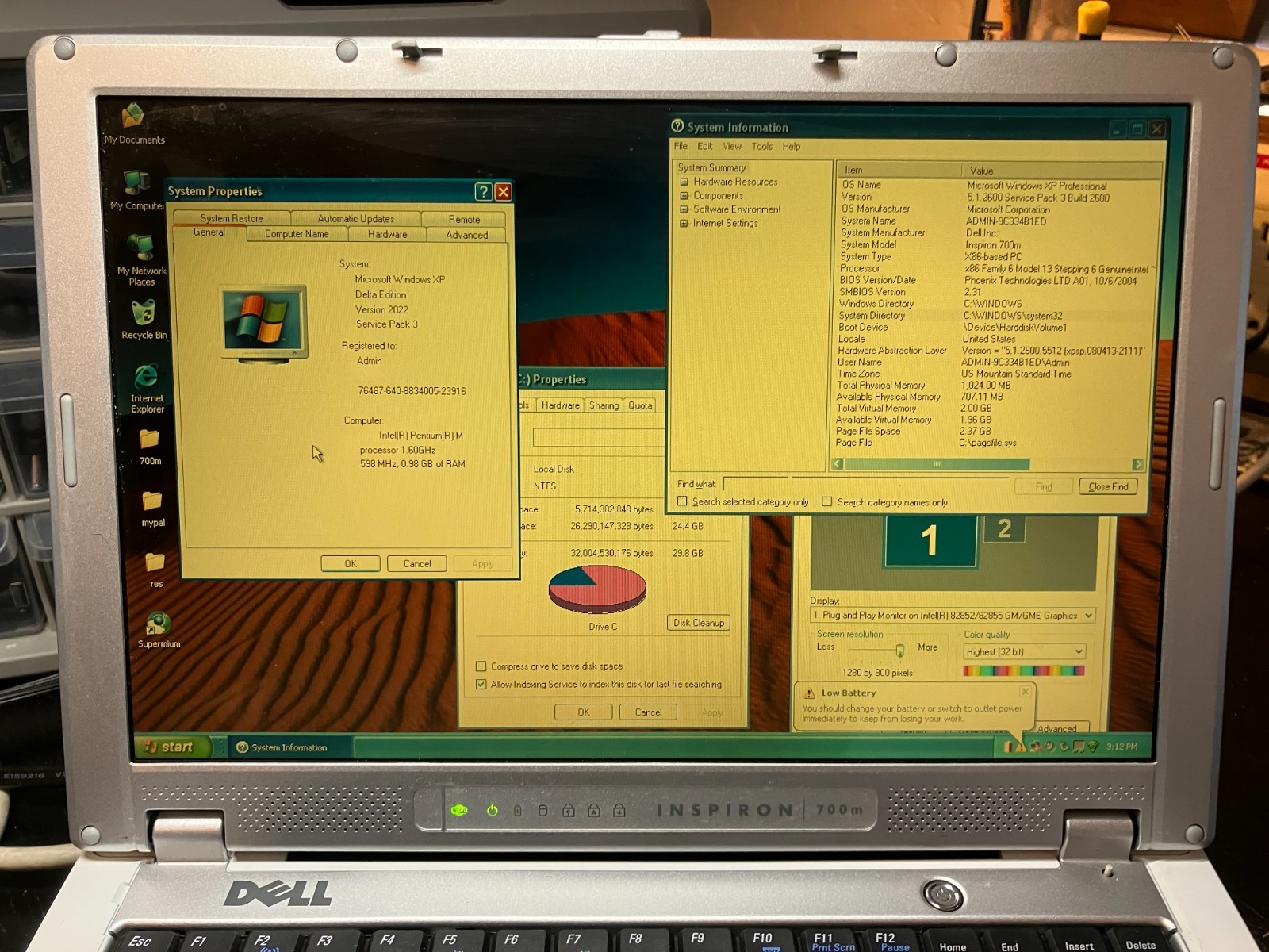 Dell Inspiron 700m 12.1″ Laptop Pentium M 1.6GHz 1GB RAM 32GB SSD Wifi Win XP