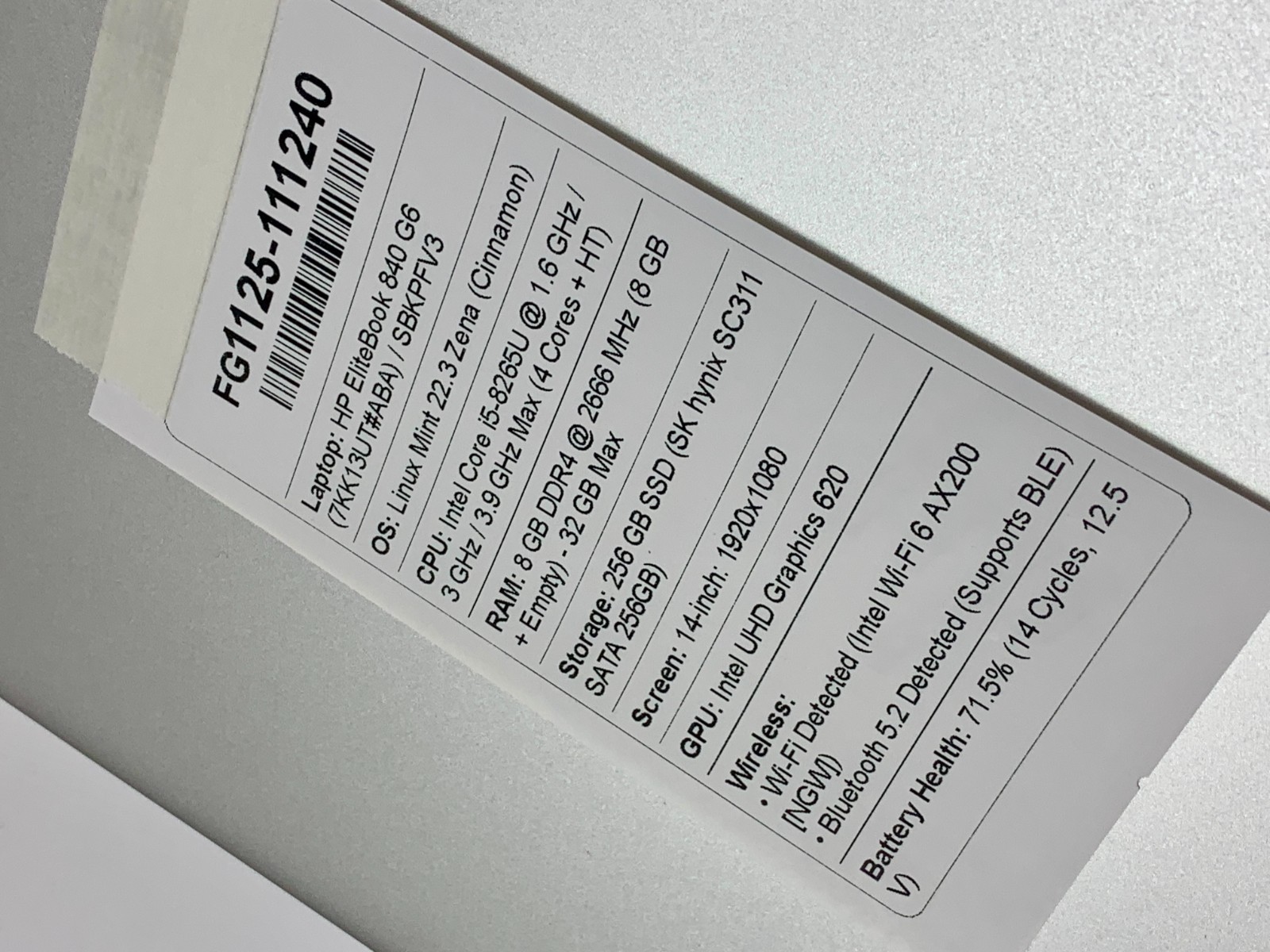 HP EliteBook 840 G6 | i5-8265U | 8GB RAM | 256GB SSD | LINUX