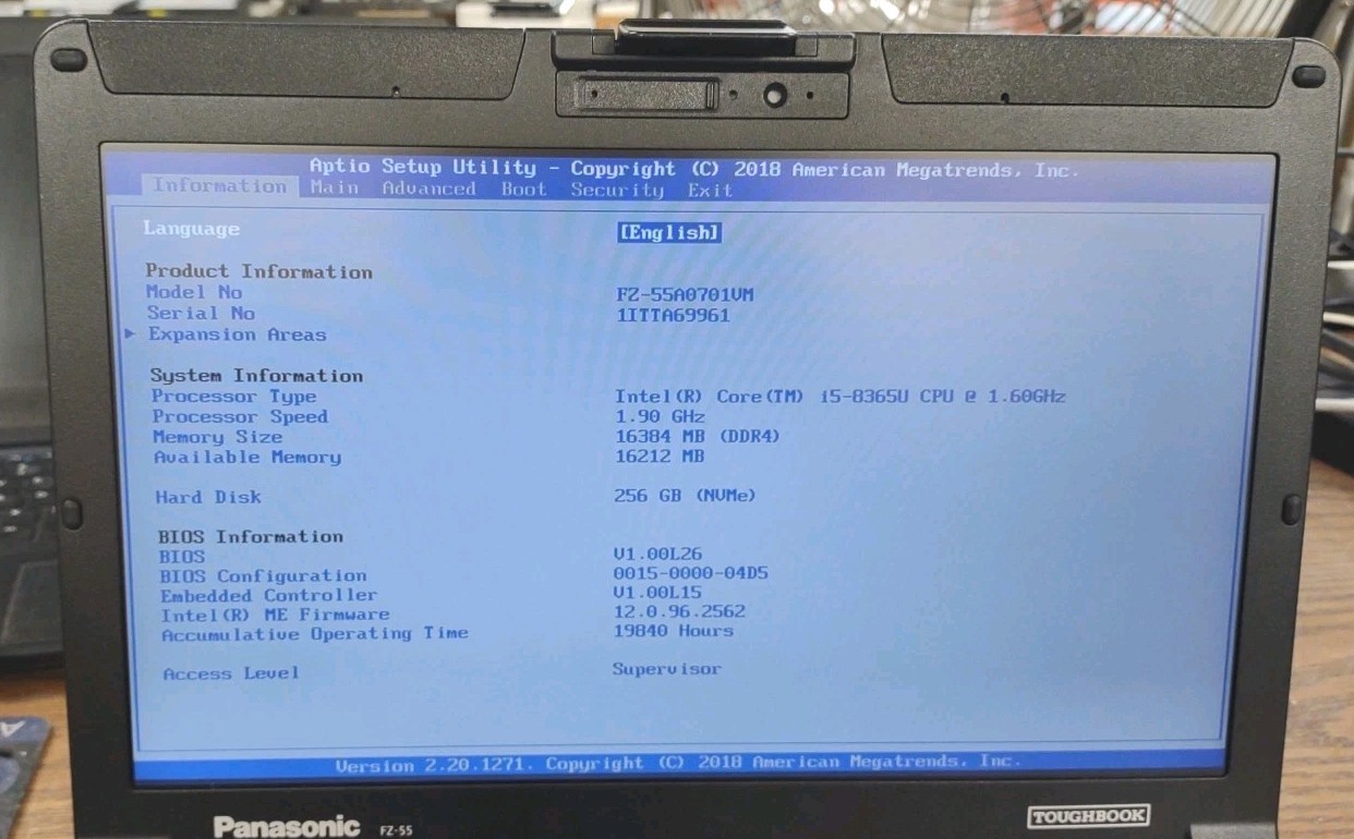 Panasonic ToughBook FZ-55 W/ i5-8365U, 256GB SSD, 16GB RAM. NON TOUCH