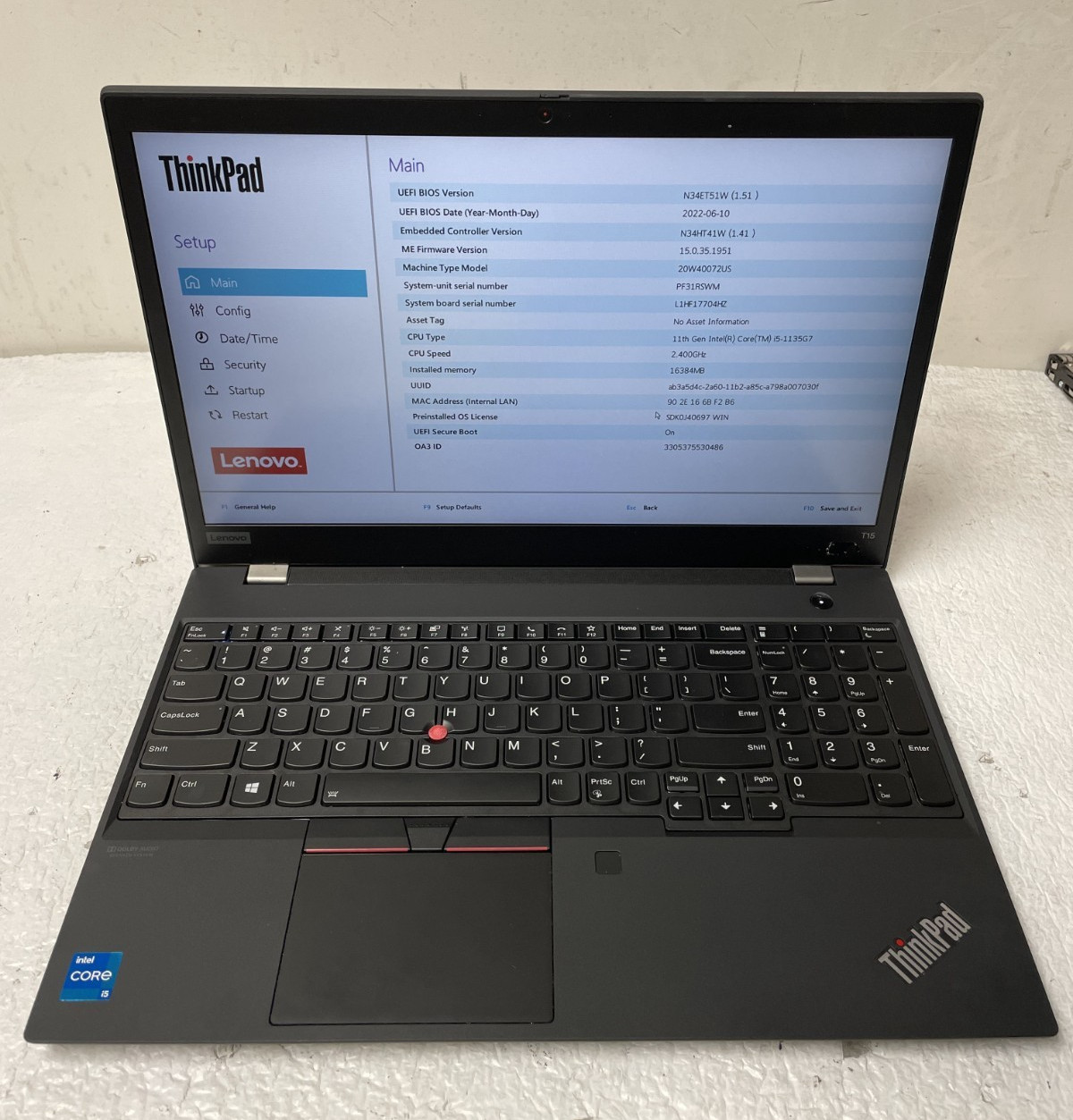 Lenovo ThinkPad T15 Gen 2 Intel i5-1135G7 @2.40GHz 16GB RAM NO SSD For Parts