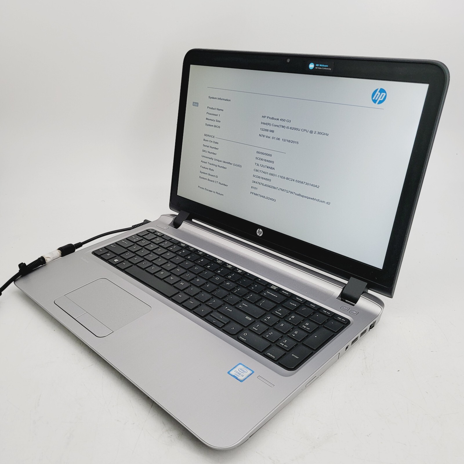 HP ProBook 450 G3 Core i5 6200U 2.3GHz 12GB RAM No HDD 15.6″ – ***BOOT TO BIOS
