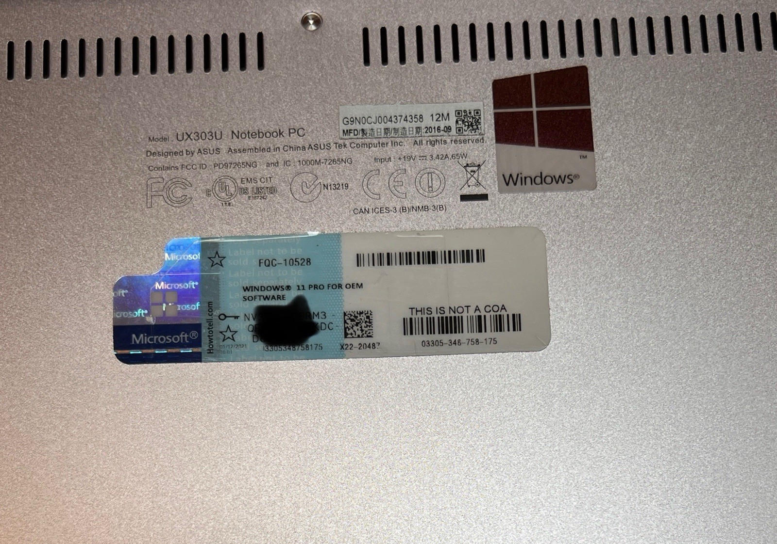 Asus Zenbook UX303UB, I7,12G Ram SSD250 G Nvidia Touch Screen Win 11 Pro No:2
