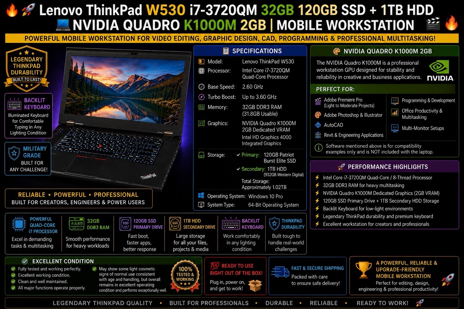 🔥🚀 Lenovo ThinkPad W530 i7 32GB RAM 120GB SSD + 1TB HDD NVIDIA K1000M 2GB 🔥