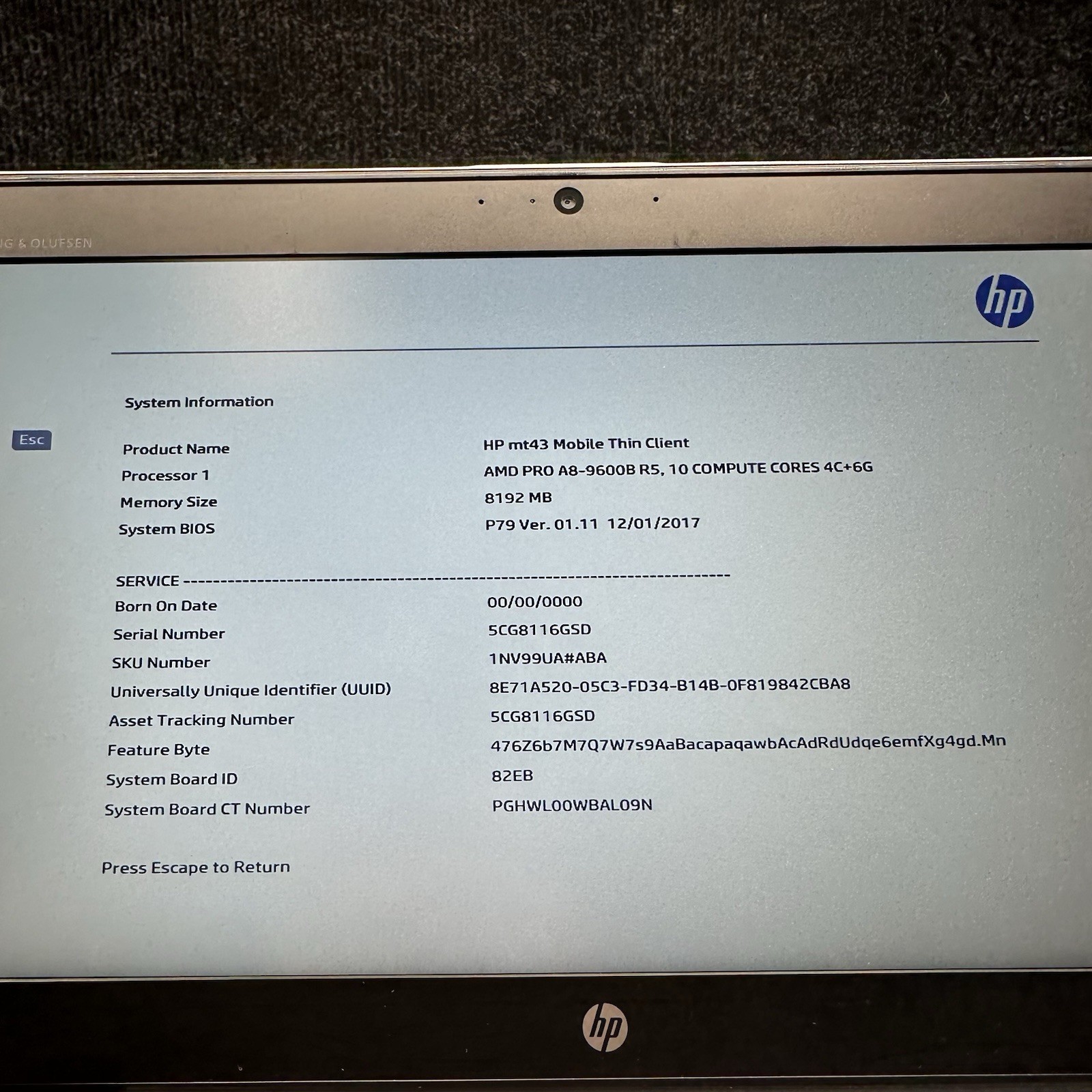 HP MT43 MOBILE THIN CLIENT 14” AMD PRO A8-9600B R5 8GB RAM w/AC NO SSD BAD BATT