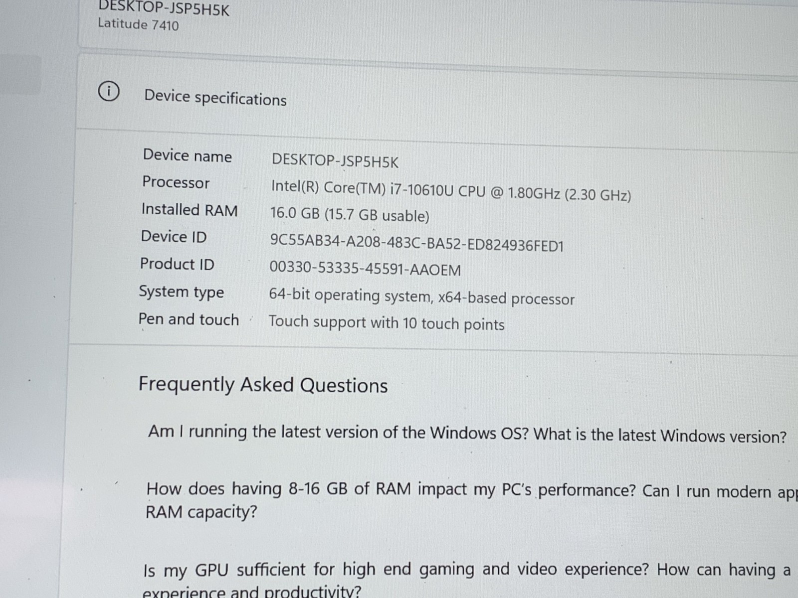 DELL LATITUDE 7410 i7-10610U@ 1.80GHz 16GB RAM 512GB NVMe W11P TOUCH W/AC *READ