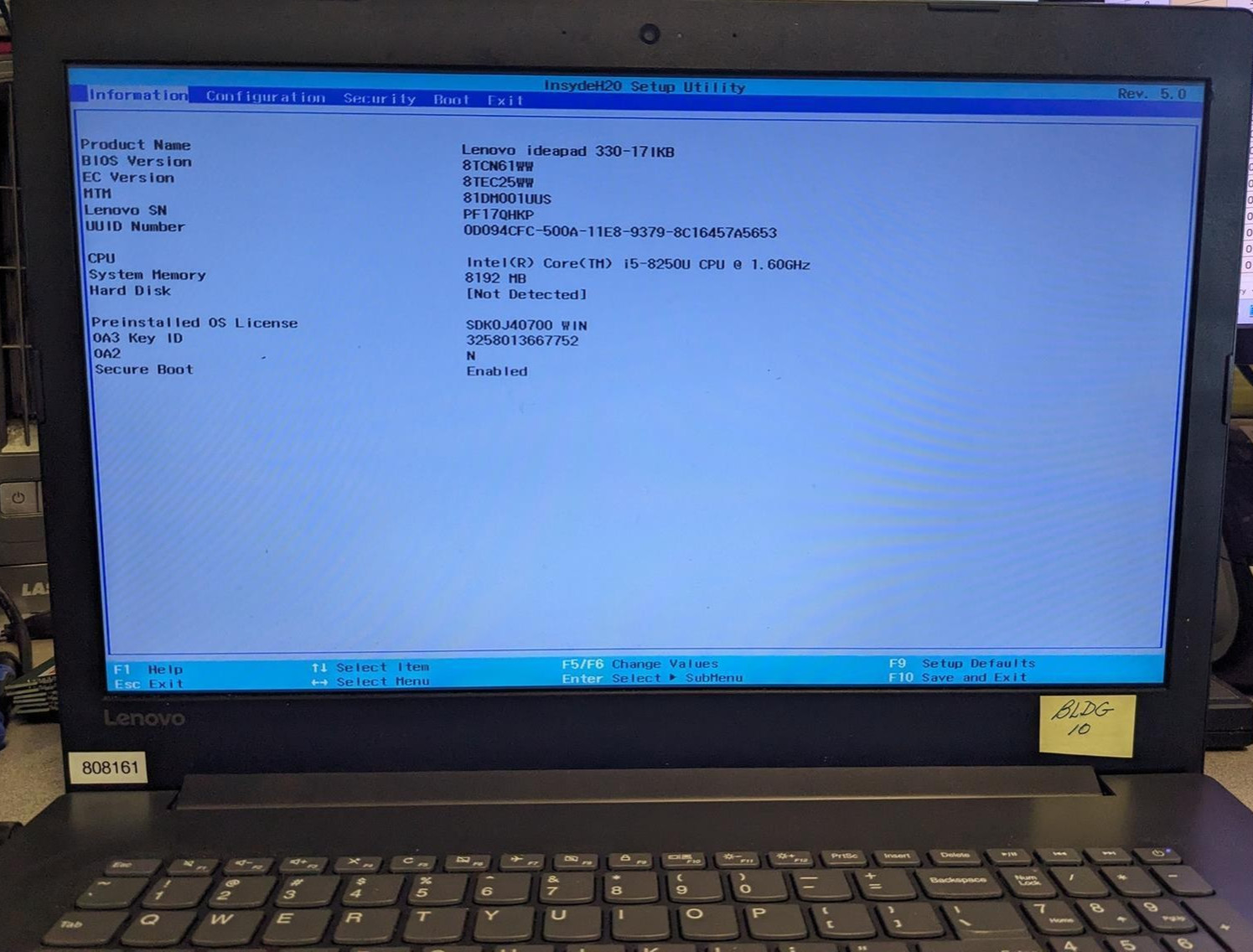 LENOVO IDEAPAD 330-17IKB i5-8250U @ 1.60GHz, 8GB RAM, NO HDD/OS