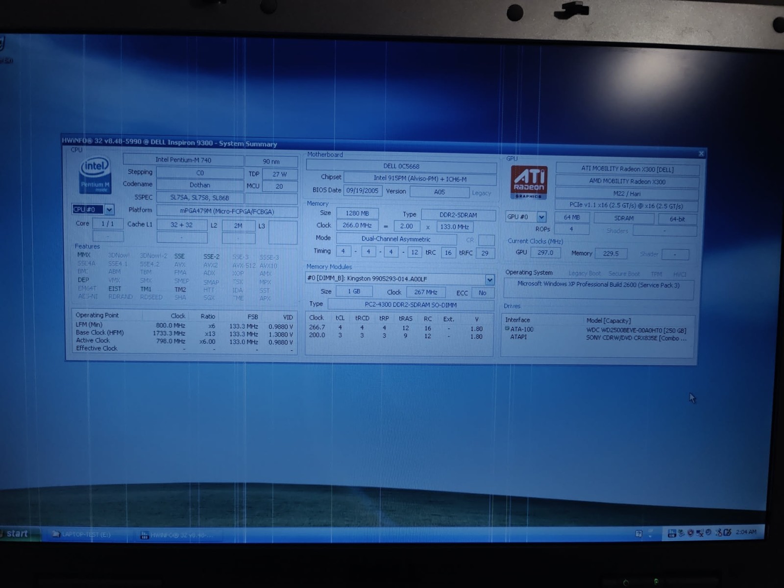 Dell Inspiron 9300 17″ Pentium M 740 ATI X300 1.25GB RAM 250GB HDD Read Desc.