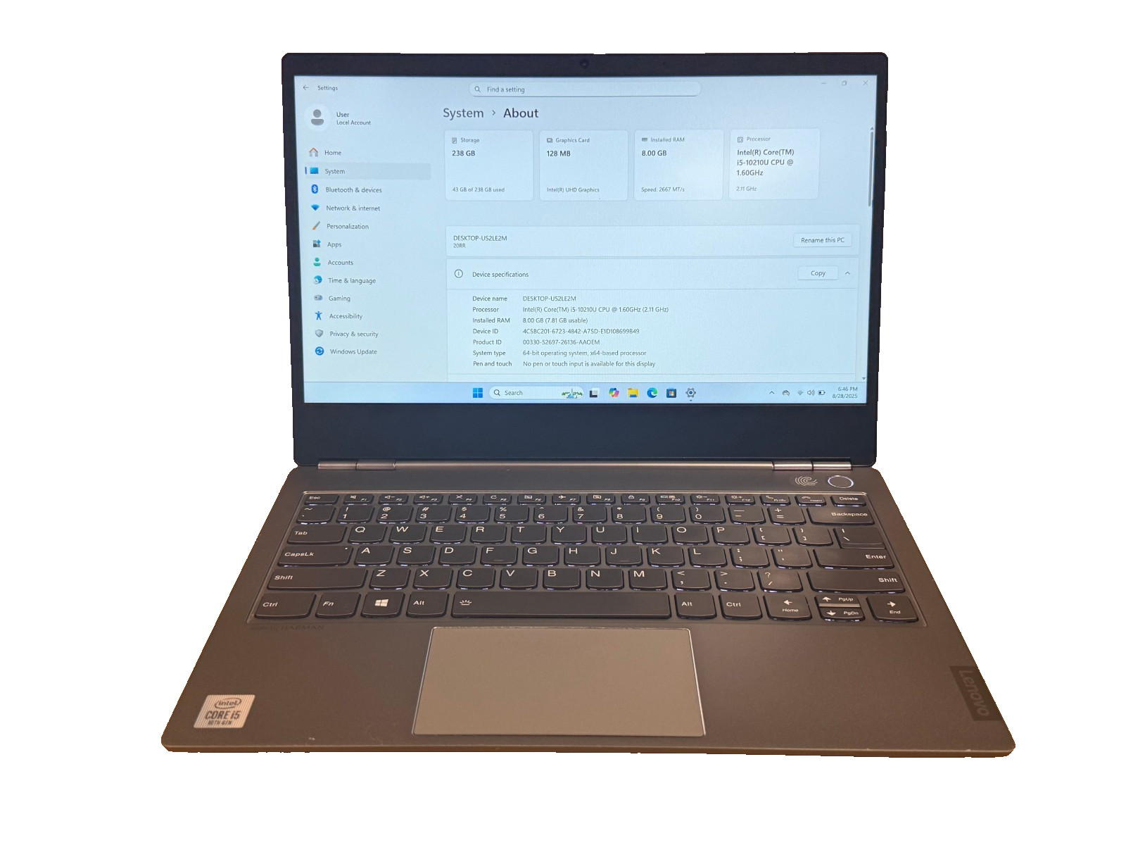 Lenovo ThinkBook 13s-IML i5-10210U 1.60GHZ 8GB M2-256SSD Win 11 Pro