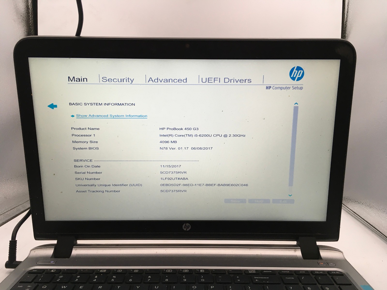 HP PROBOOK 450 G3 – BOOTS TO BIOS – INTEL I5 6200U – NO RAM – NO OS – READ – BB!