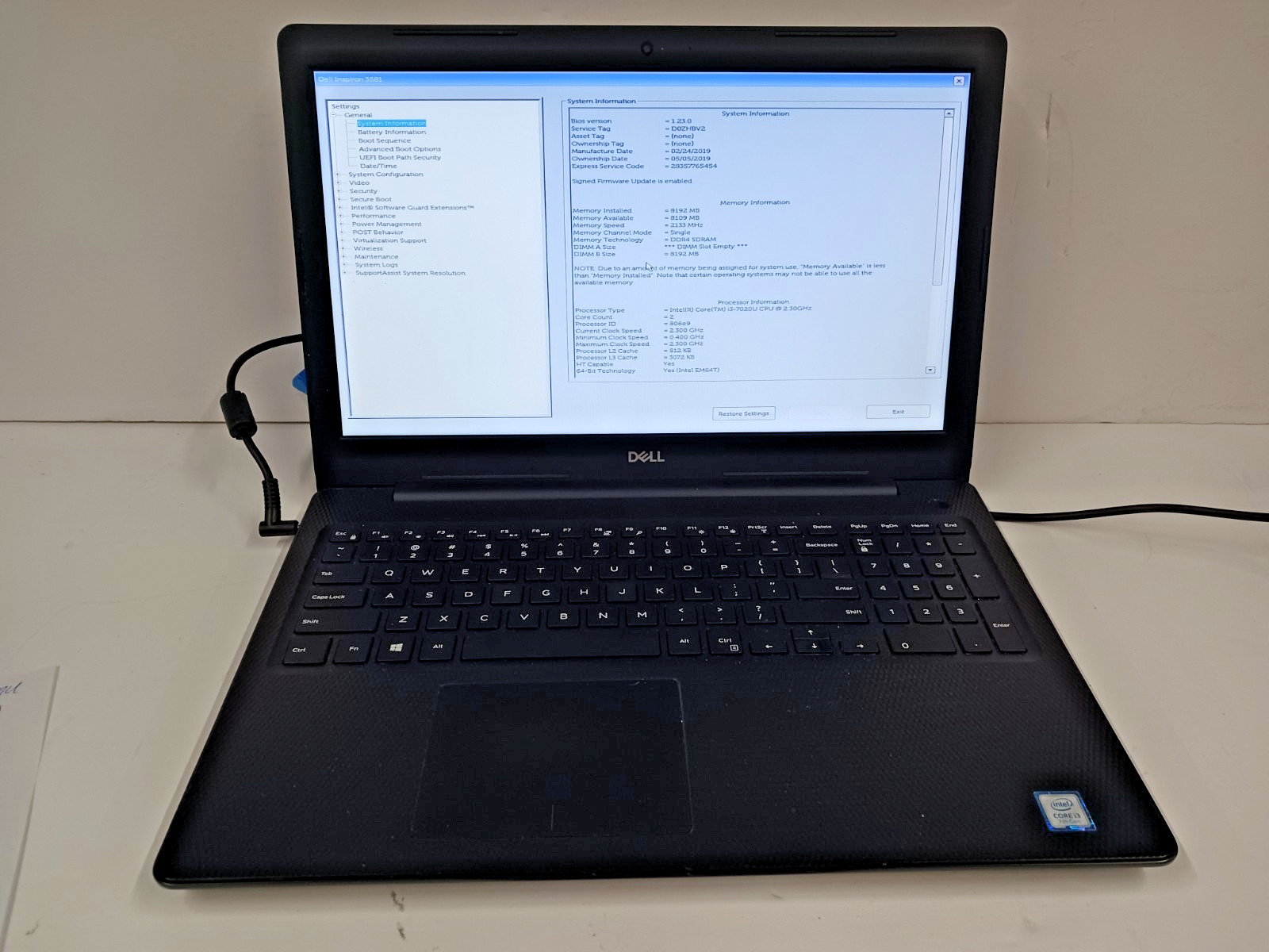 15.5″ DELL Inspiron 3581 Intel Core i3-7020U @ 2.30 GHz 8 GB RAM 128 SSD, No OS