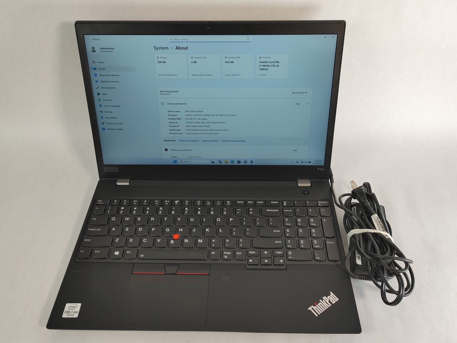 Lenovo ThinkPad T15s Gen 1 Core i7-10610U 1.80 GHz 16 GB DDR4 256 GB M.2 Windows