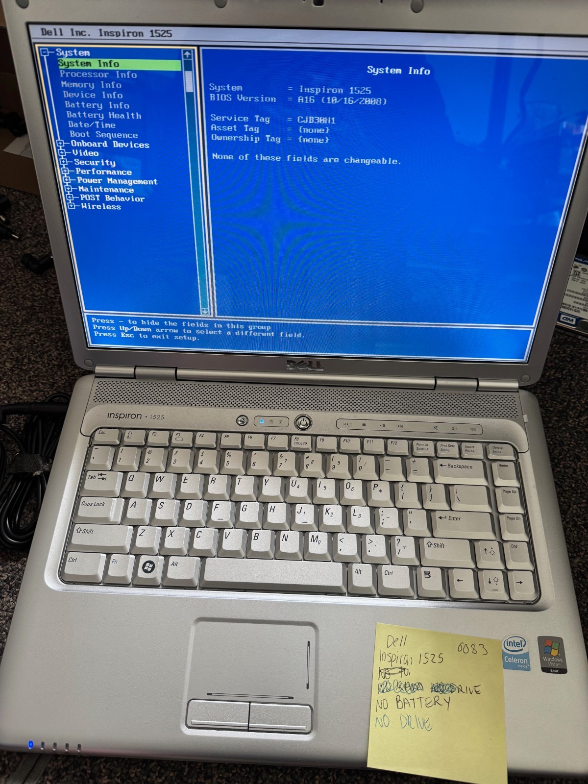 DELL INSPIRON 1525 – BOOTS 2 BIOS INTEL CORE 2 DUO 2GB RAM – NO HDD NO BATTERY