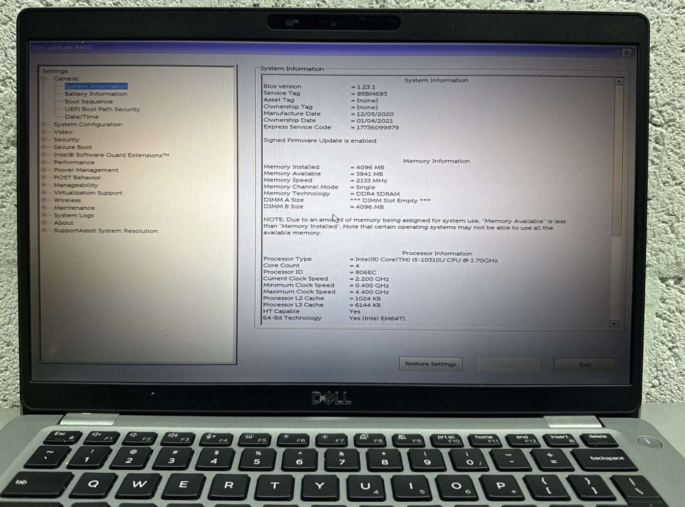 Dell Latitude 5410 | Core i5-10310U | 4GB RAM | No SSD / No Battery | Parts