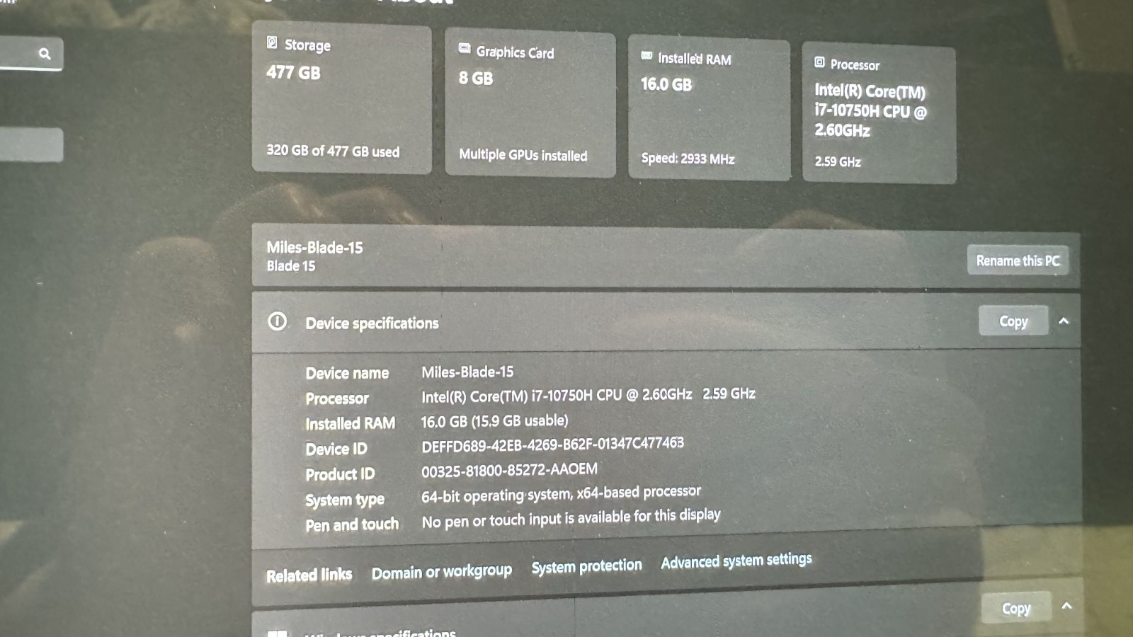 Razer Blade Laptop NO: RZ09-03287EM2 | I7-10750H 2.60 Ghz | 16gb Ram | Rtx 2070