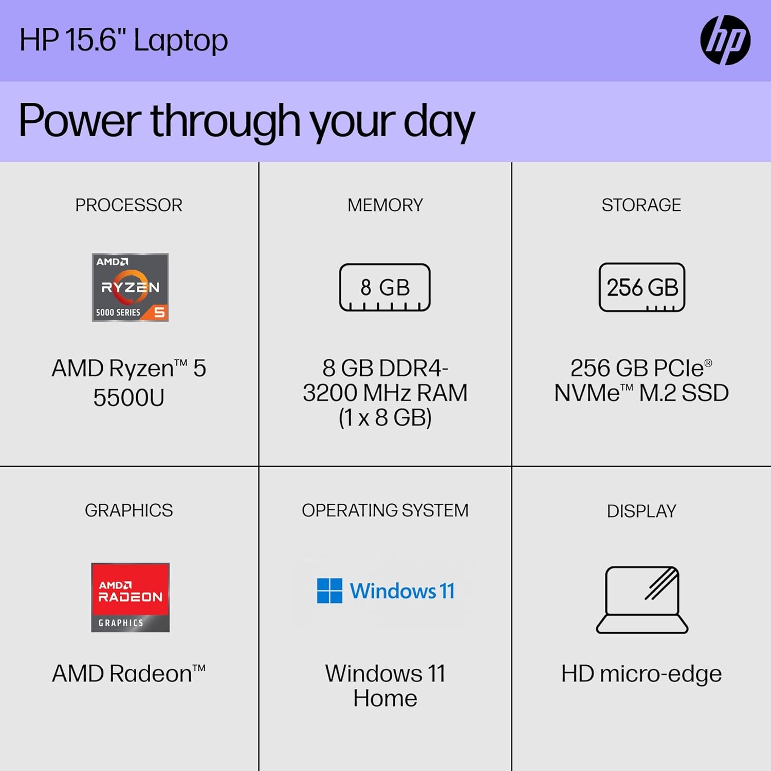HP 15″ HD Laptop AMD Ryzen 5 5500U, 8 GB RAM, 256 GB SSD, AMD Radeon Graphics