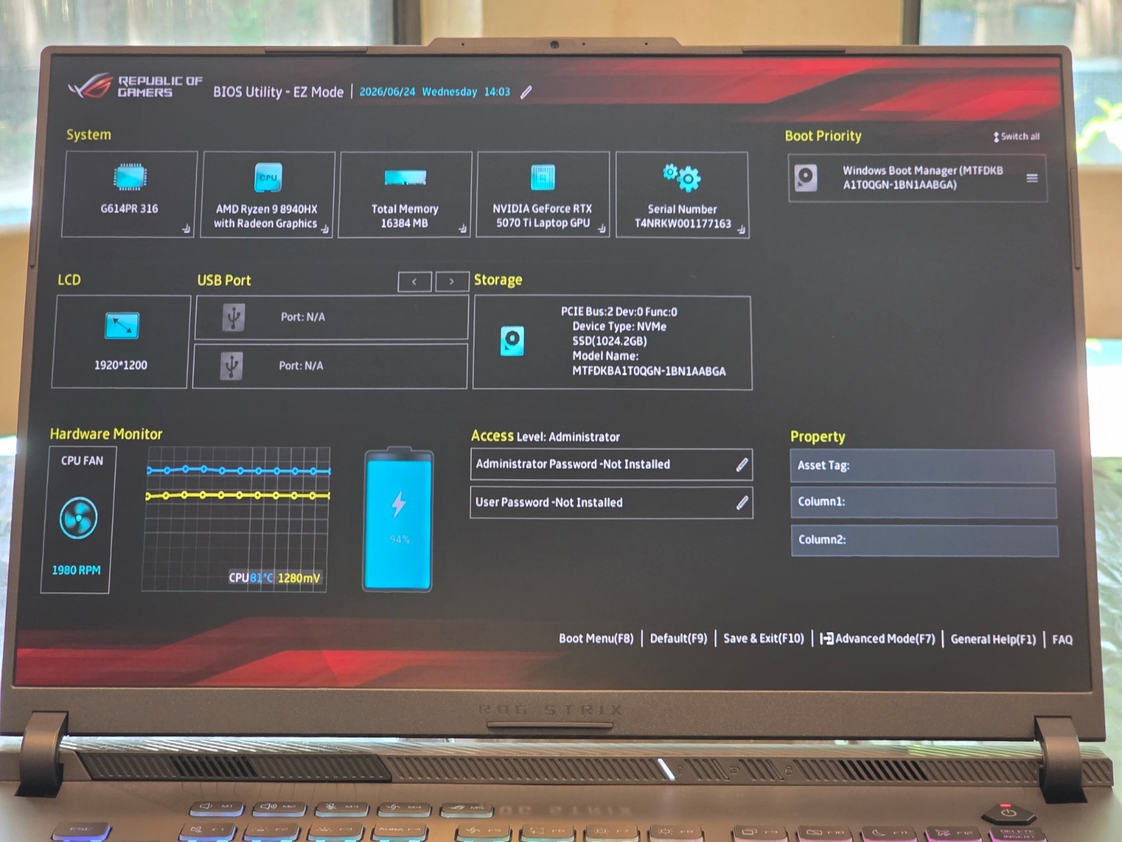 ASUS ROG Strix G16 – 16″ FHD+ 165Hz, Ryzen 9 8940HX, RTX 5070Ti, 16GB RAM, 1TB