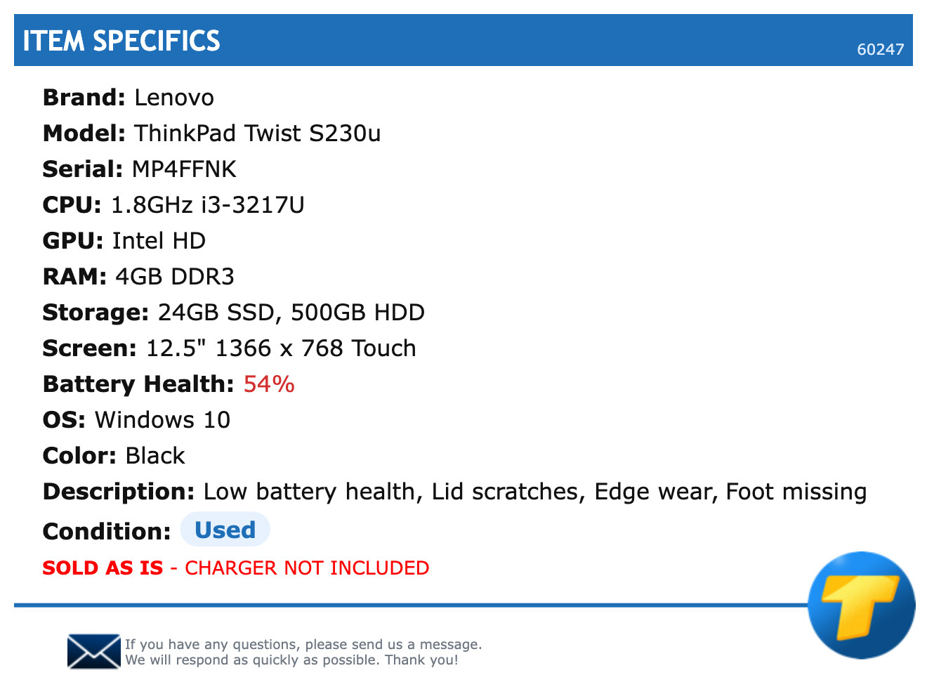 Lenovo ThinkPad Twist S230u – 12.5″ HD Touch, 1.8GHz i3, 4GB RAM