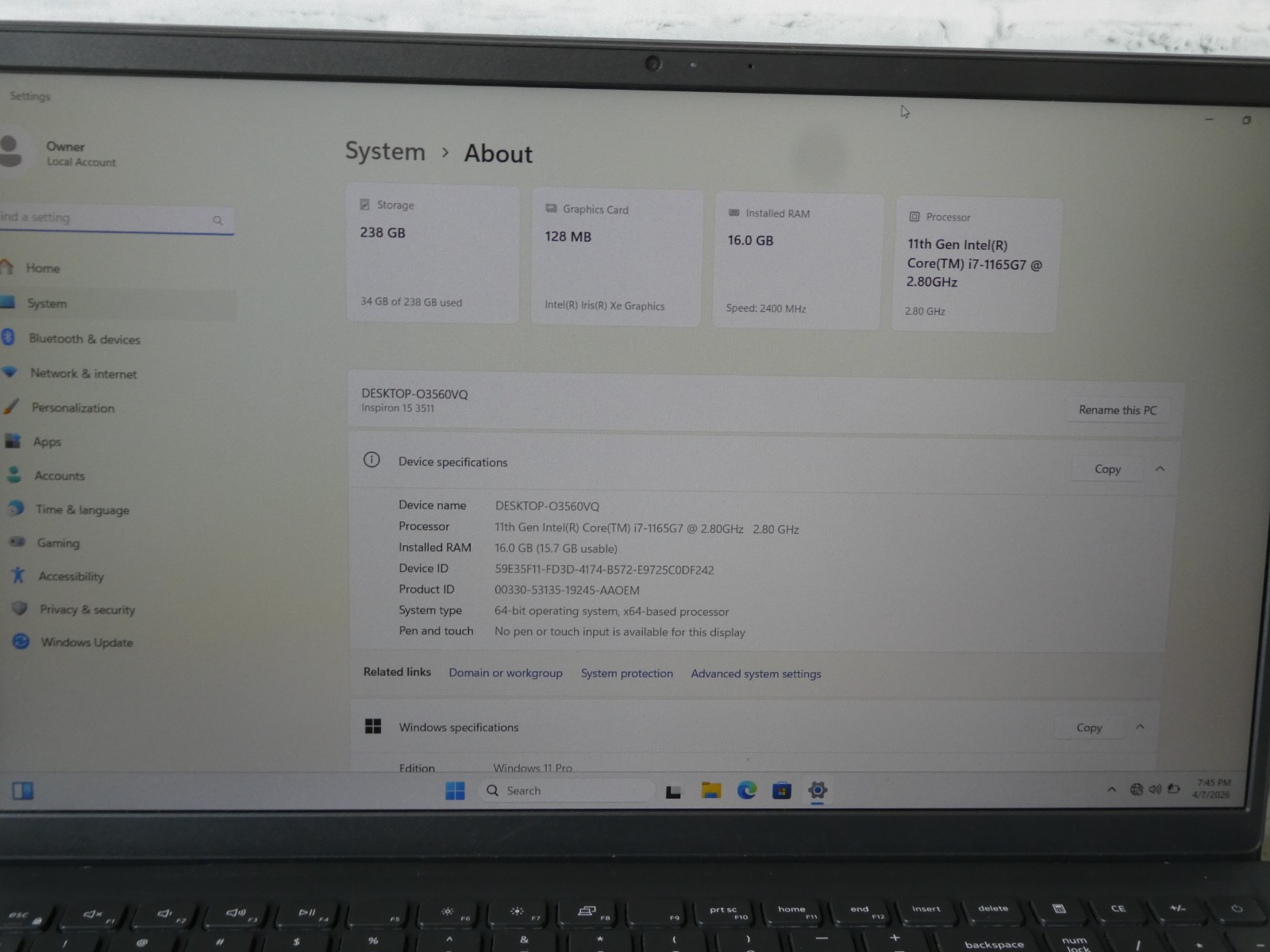 Dell Inspiron 15 3511 15.6″ Core i7-1165G7 16GB RAM 256GB NVMe SSD Win-11
