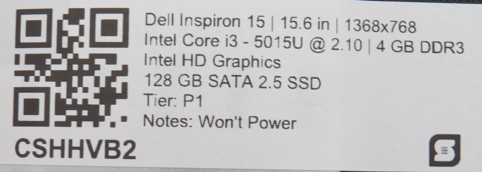 Dell Inspiron 15 i3-5015U @ 2.1GHz 4GB DDR3 128GB SSD 15.6″ No OS *REPAIR*