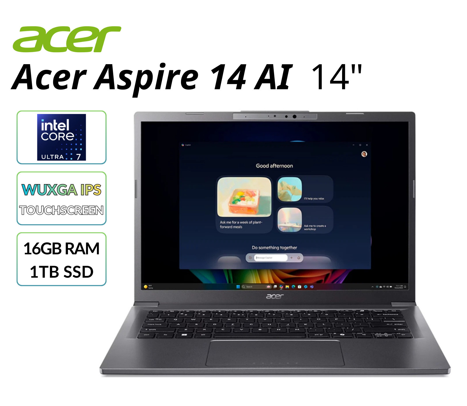 Acer Aspire 14 AI Laptop 14″ WUXGA IPS Intel Core Ultra 7+ARC 16GB RAM 1TB SSD