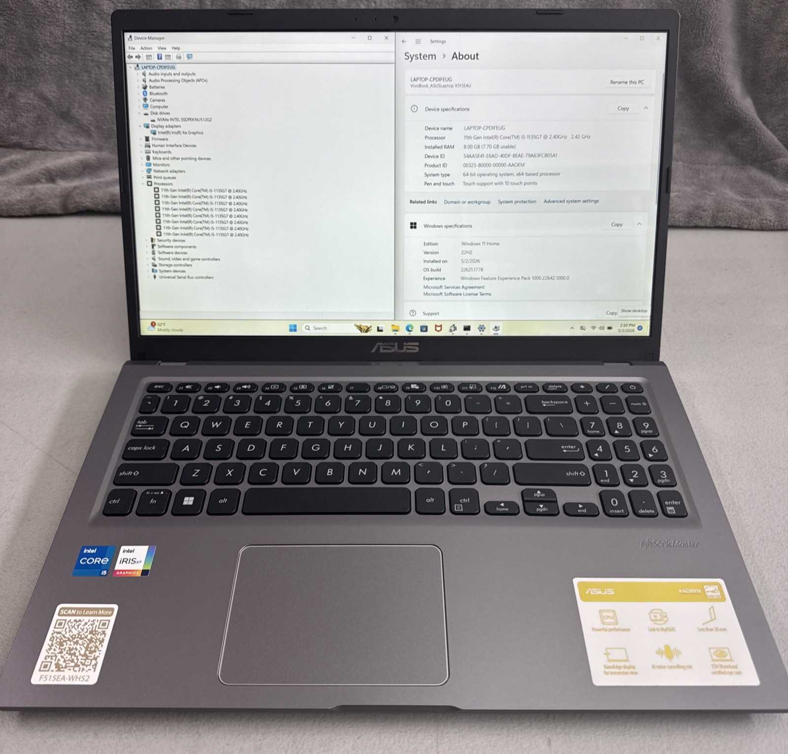 ASUS Vivobook F515EA-WH52 Intel Core i5-1135G7 8GB 512GB SSD 15.6 IPS Touch W11H
