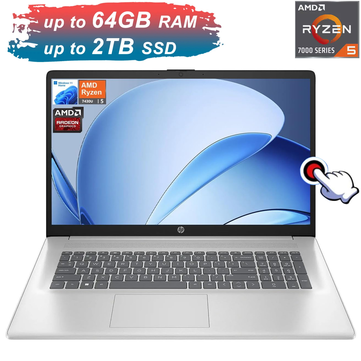 HP Laptop 17-cp3155cl 7″ HD+ R5 7430U Silver Touch Upto 64GB RAM 2TB Win 11 H