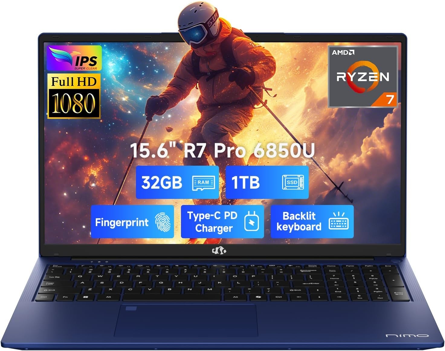 NIMO 15.6″ Gaming Laptop, 8 Cores AMD Ryzen 7 Pro 6850U 32GB LPDDR5 RAM 1TB SSD