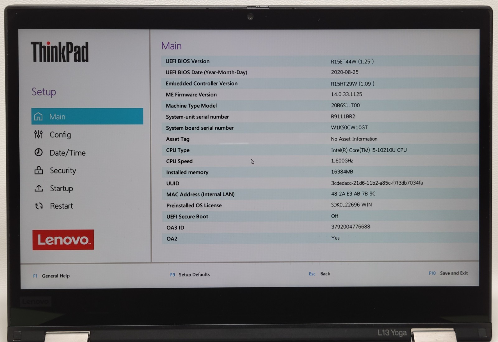 THINKPAD L13 YOGA i5-10210U 16GB RAM NO ADAPTER (UID TE5E3A8666)