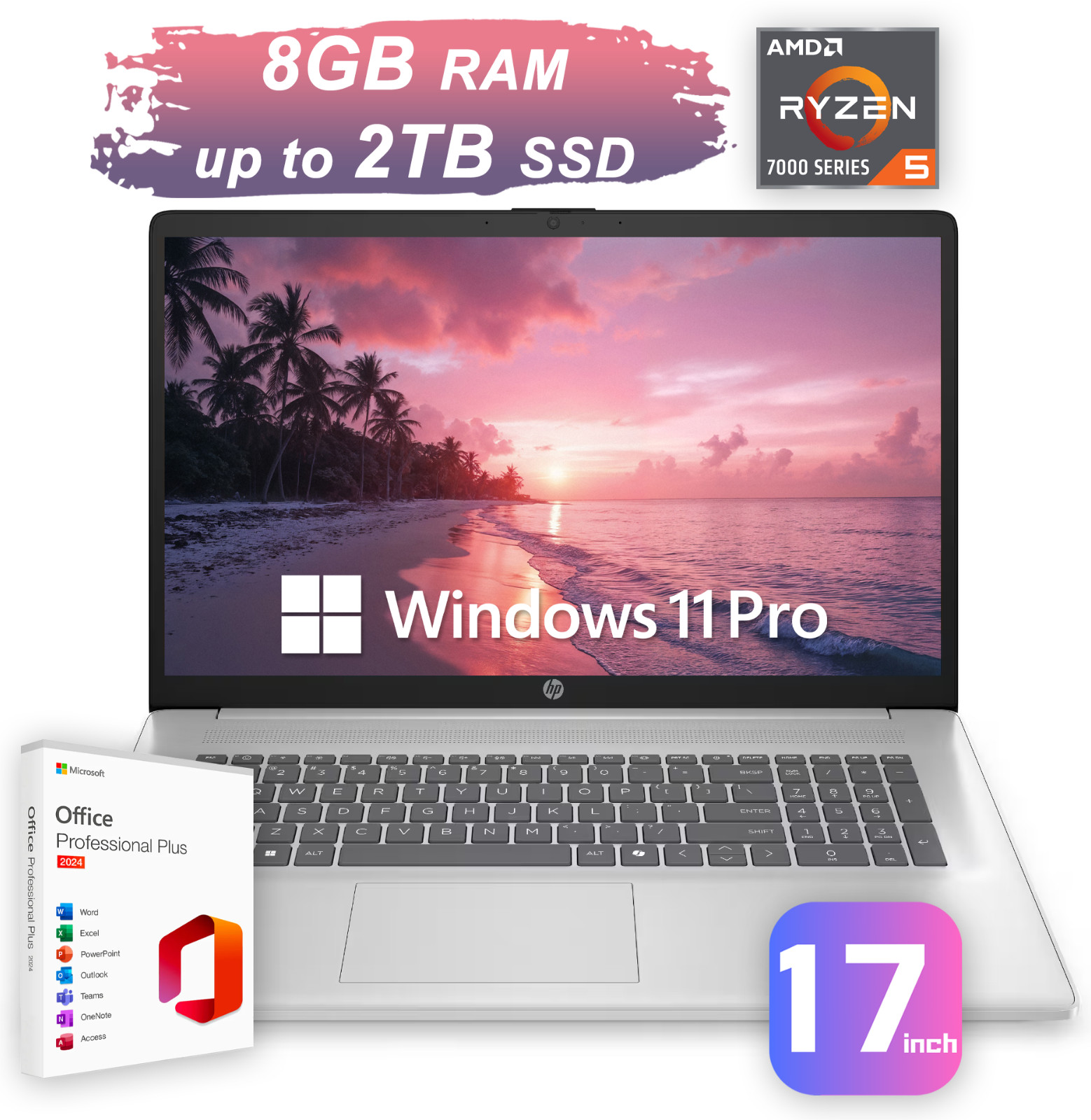 2026 HP 17 Laptop Computer Office 2024 Ryzen 5 8GB RAM & Up to 2TB SSD Win Pro