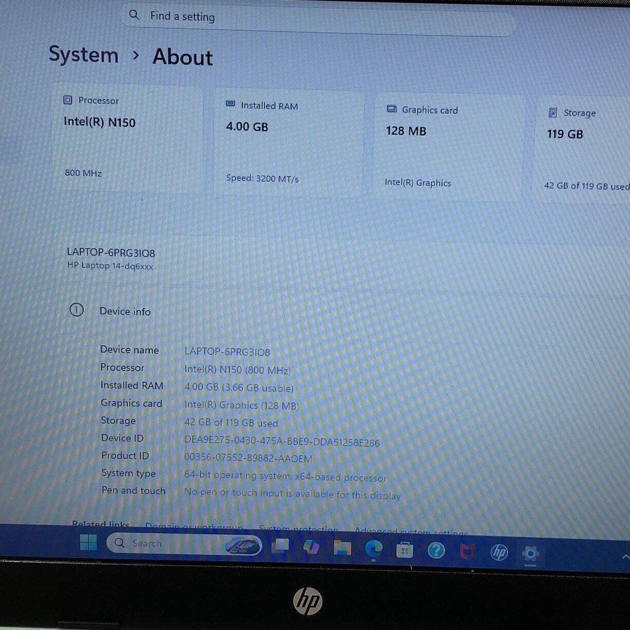 HP NoteBook 14-DQ6013DX N150 4GB RAM 128GB