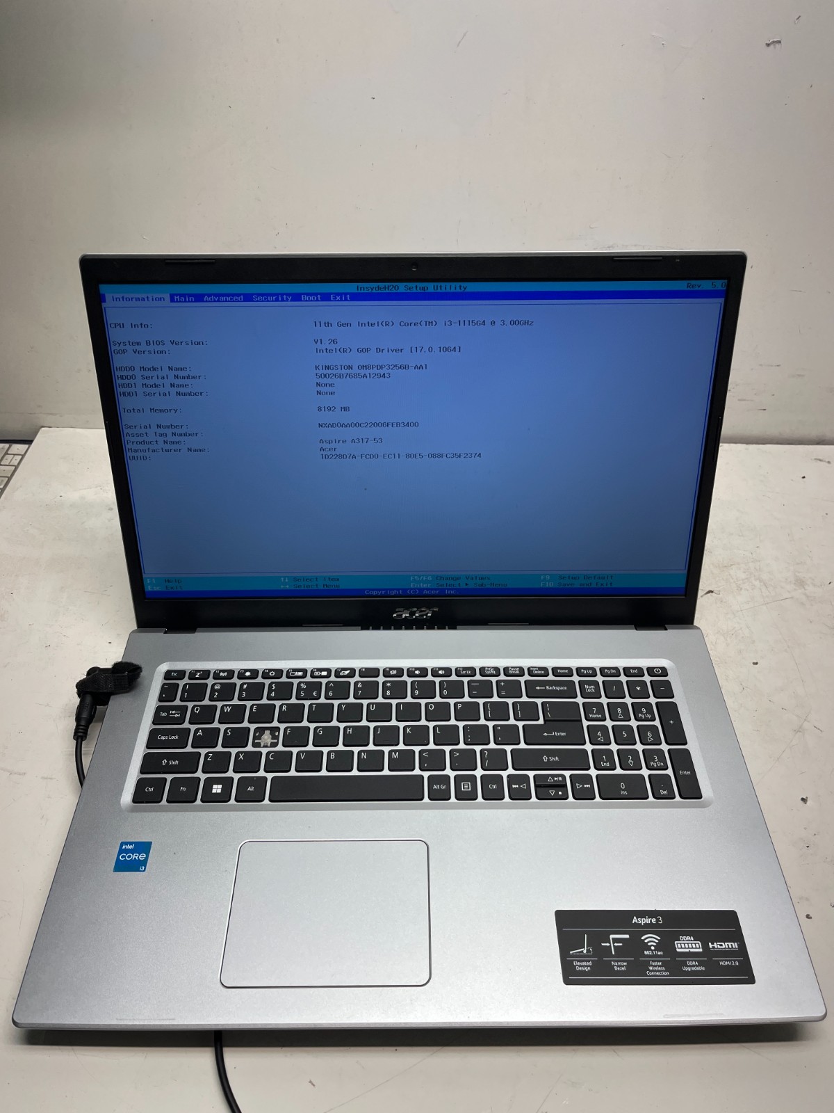 Acer A317-53 Intel Core i3-1115G4 3.00GHz 8GB No HDD