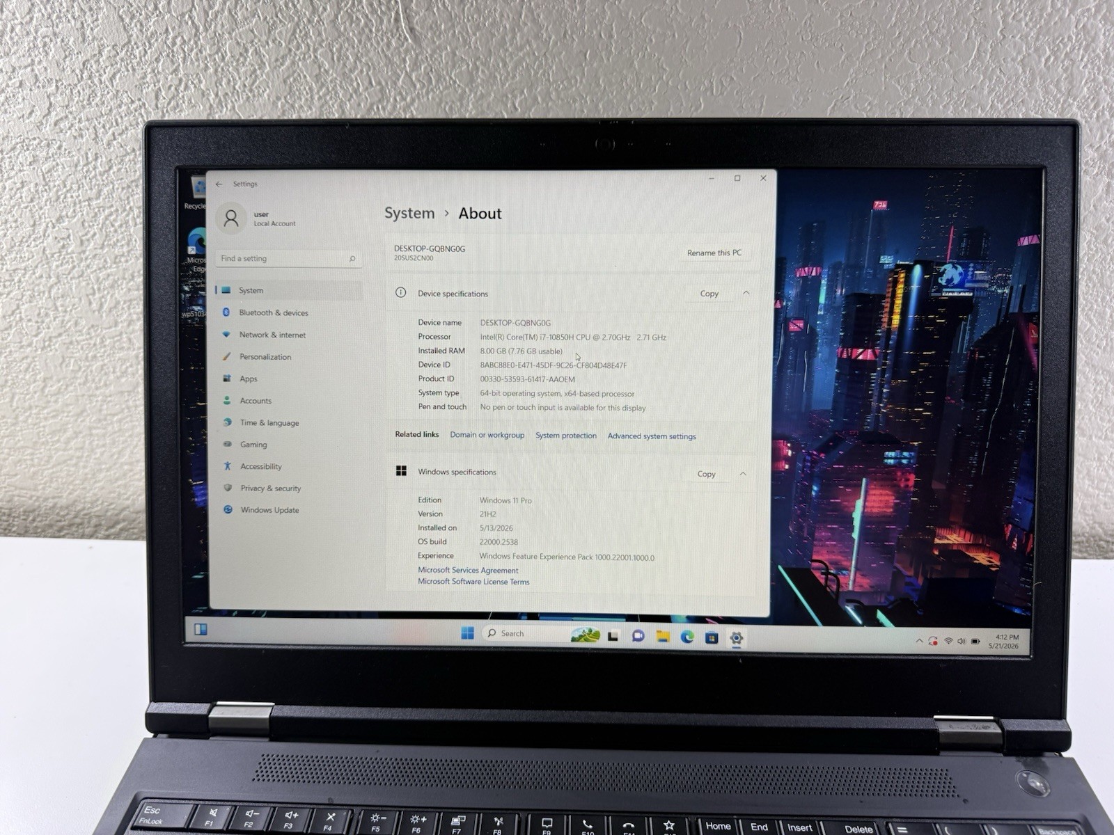 LENOVO THINKPAD P15 GEN 1 | CORE I7-10850H 512GB 8GB RAM WIN 11 NVIDIA T1000