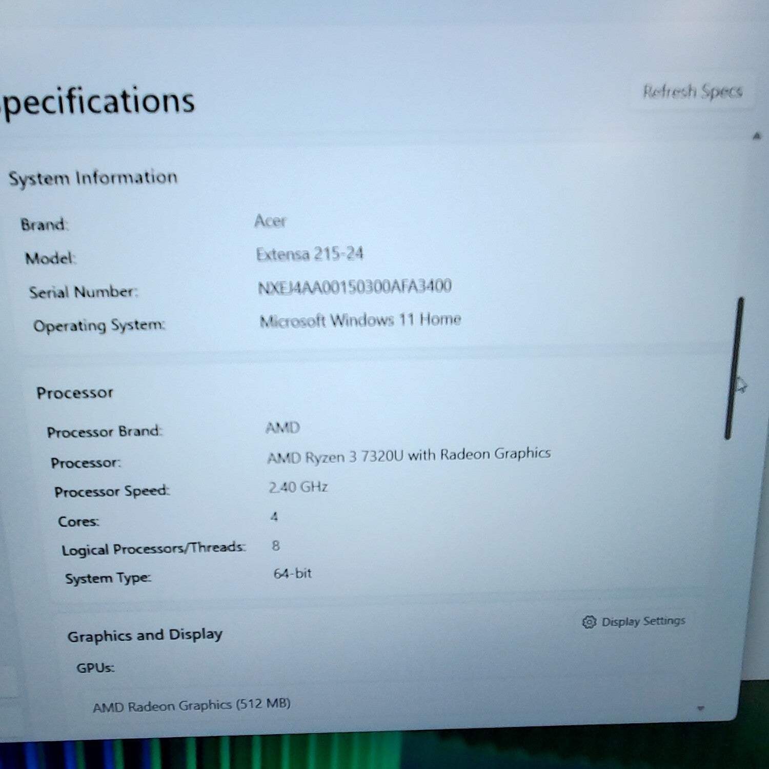 Acer Extensa 15 N23C3 15.6″ Ryzen 3 7320U 2.4GHz 8GB RAM 256GB SSD