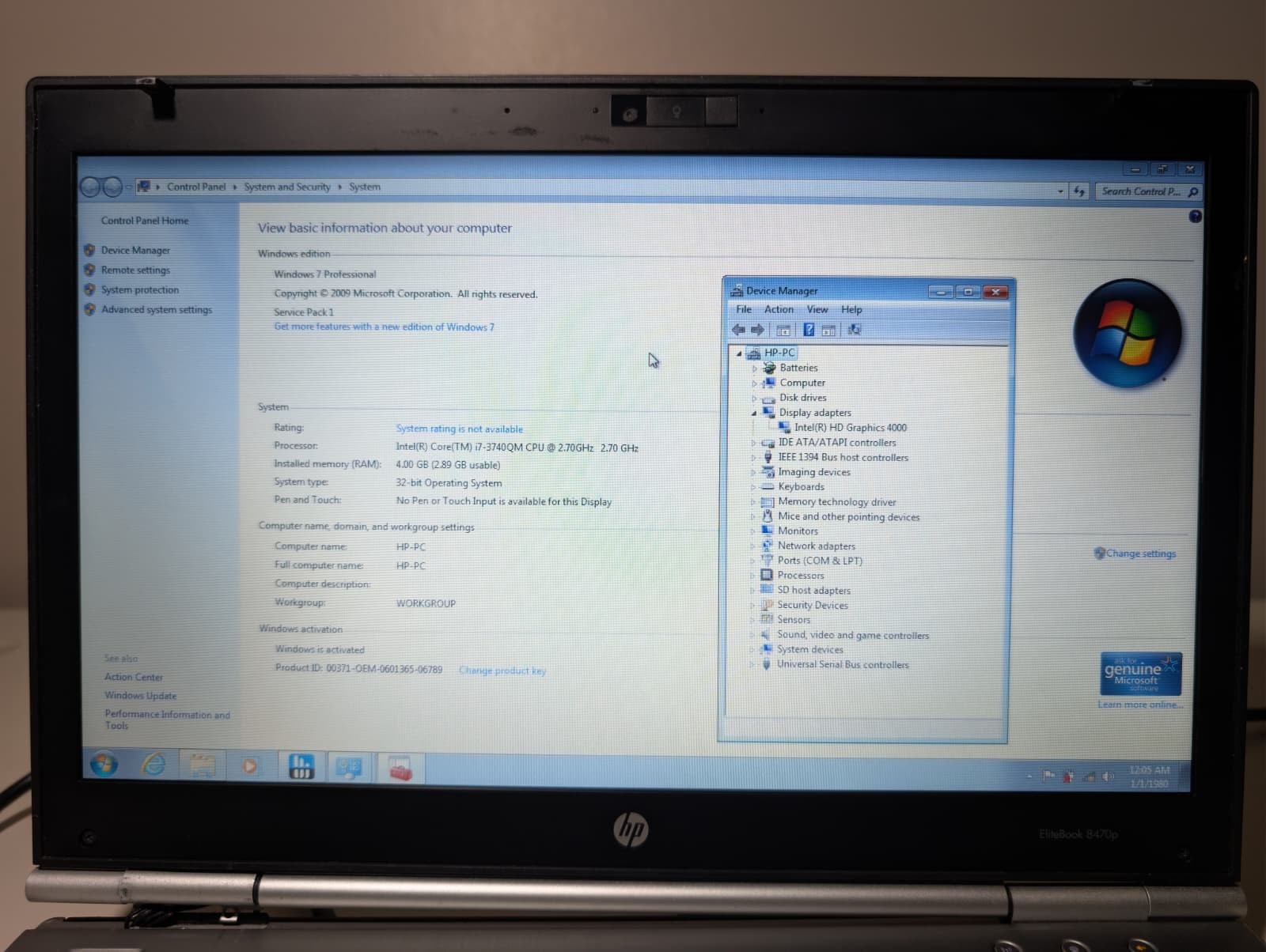 HP EliteBook 8470P | i7 3rd Gen 4GB RAM 320GB HDD | HD Windows 7 Pro 32-Bit