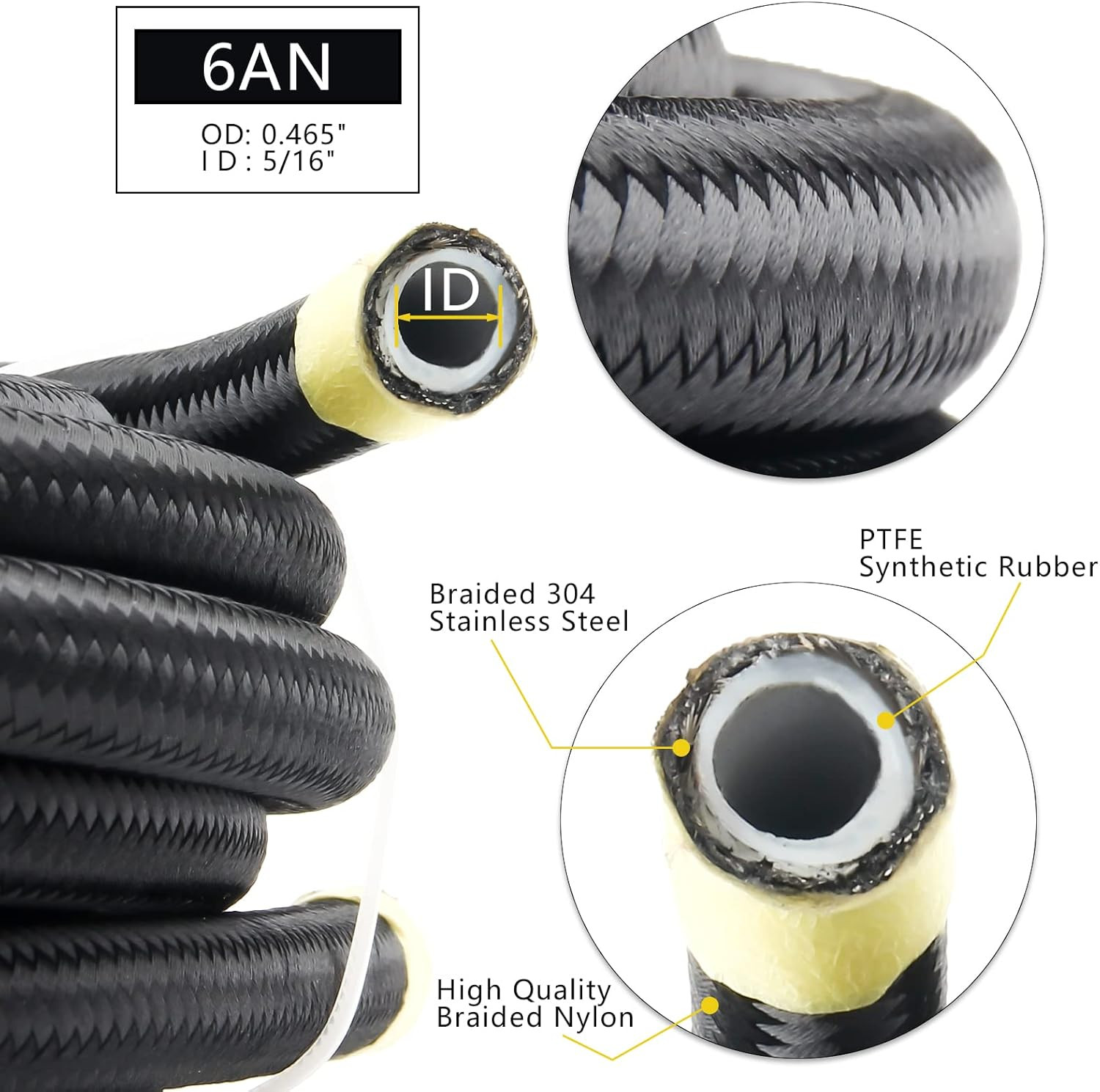 6AN PTFE Fuel Line Kit, Nylon Stainless Steel Braided Fuel Hose, LS Swap EFI E85