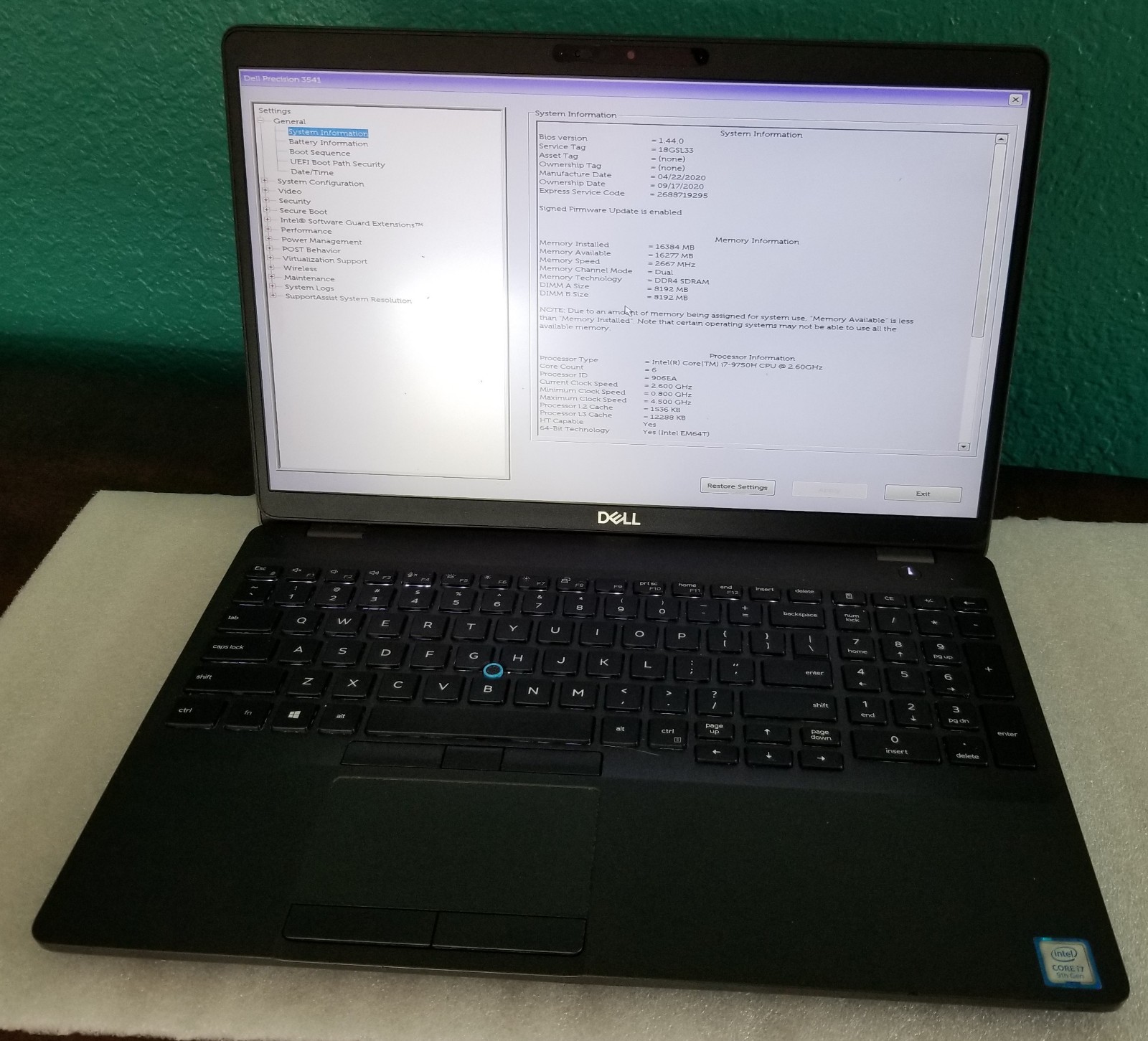 Dell Precision 3541 15″ Intel i7-9750H 16GB DDR4 Quadro P620 | No SSD | *READ*