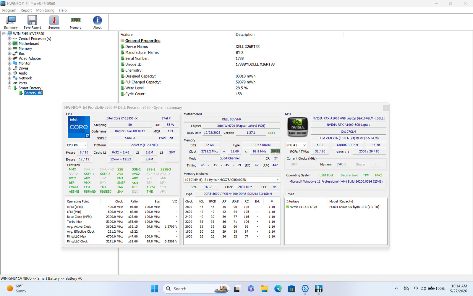 Dell Precision 7680 16″ FHD+ I7-13850HX 1TB 32GB W11P RTX A1000 6GB Laptop GPU