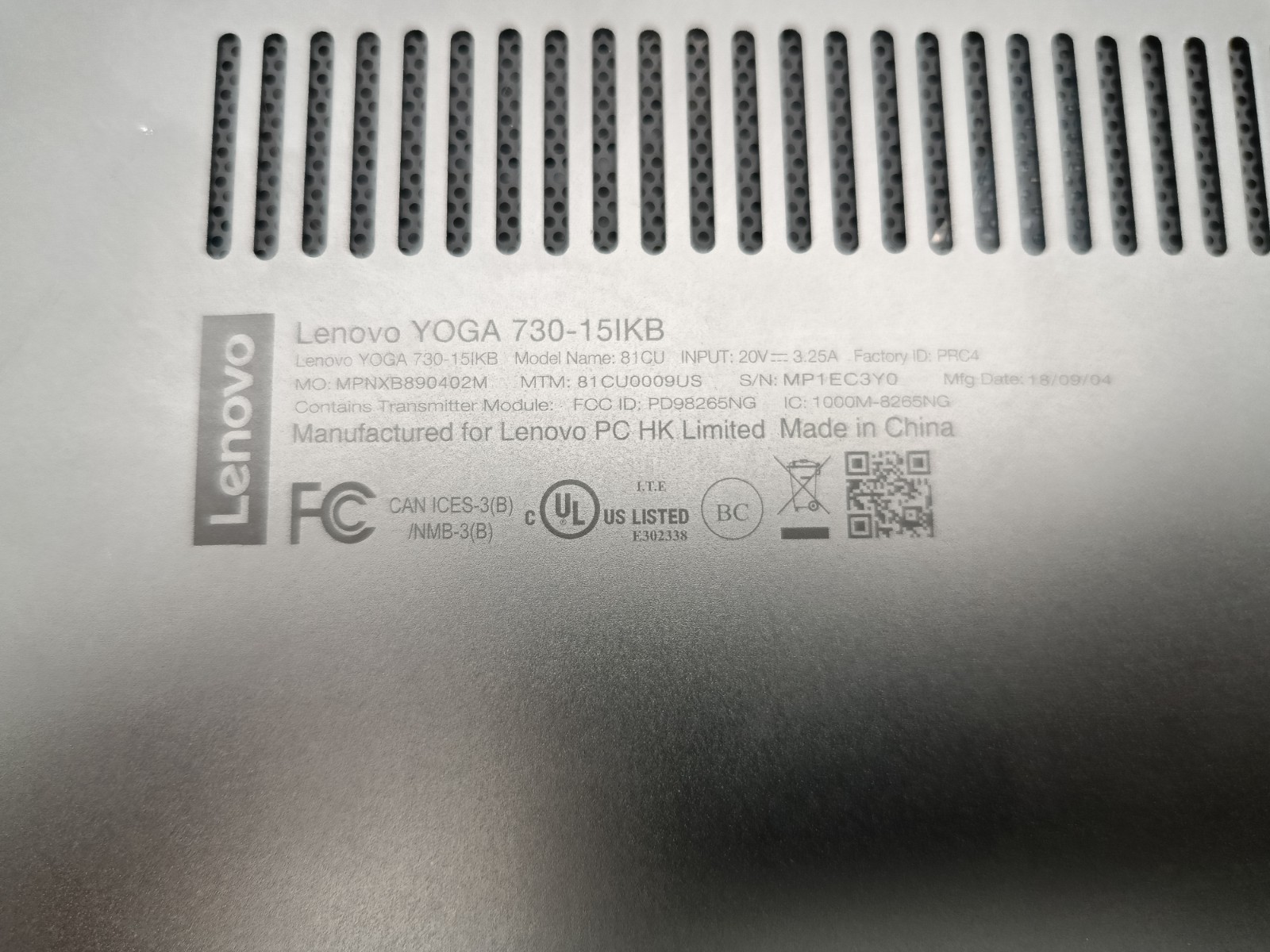 Lenovo Yoga 730-15IKB Laptop Intel i7 8550U 15.6″ Touch 8GB NO HD Parts #91