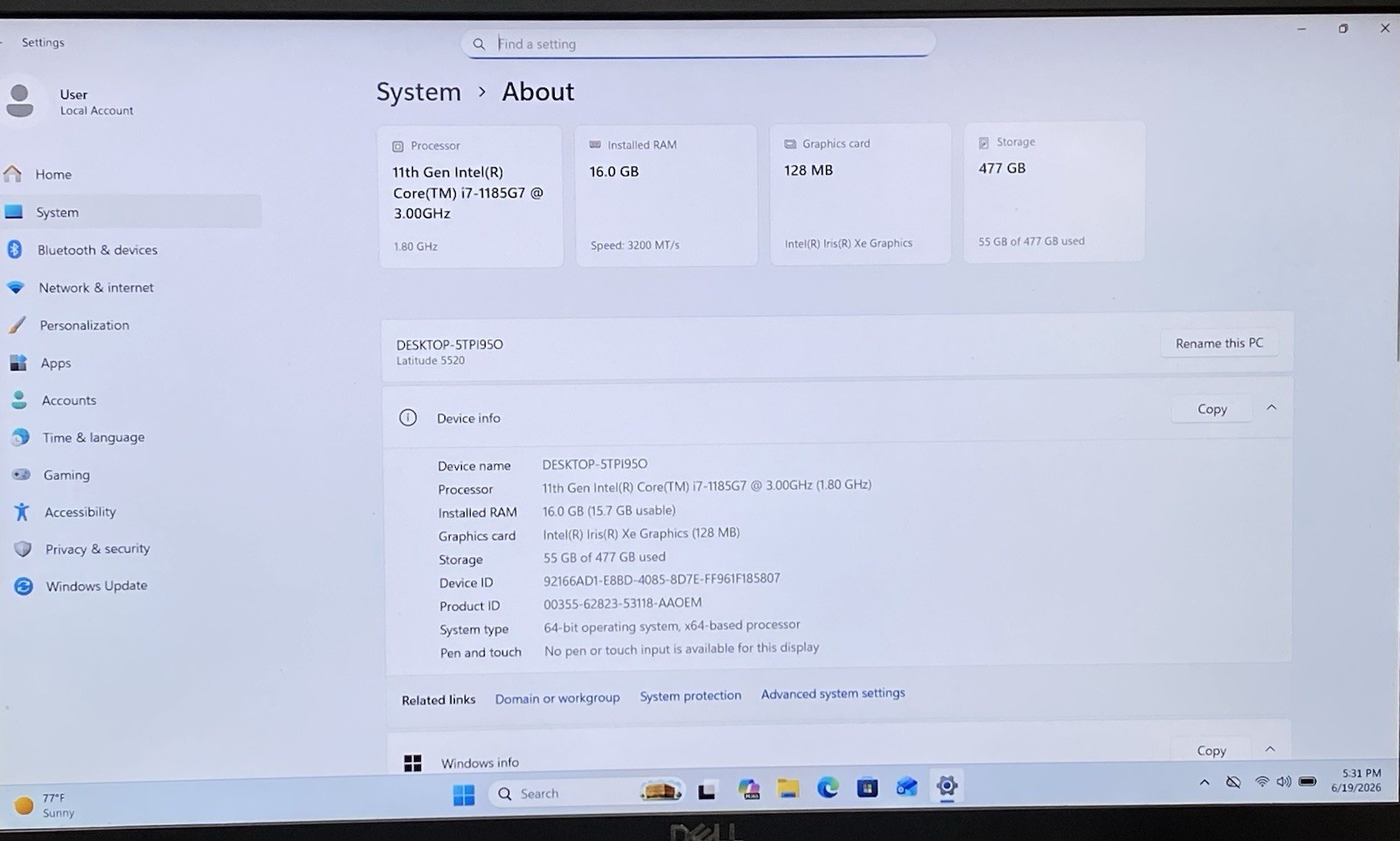 DELL LATITUDE 5520 15.5″ Core i7-1185G7 @ 3.00GHz 16GB RAM 512GB SSD Windows 11
