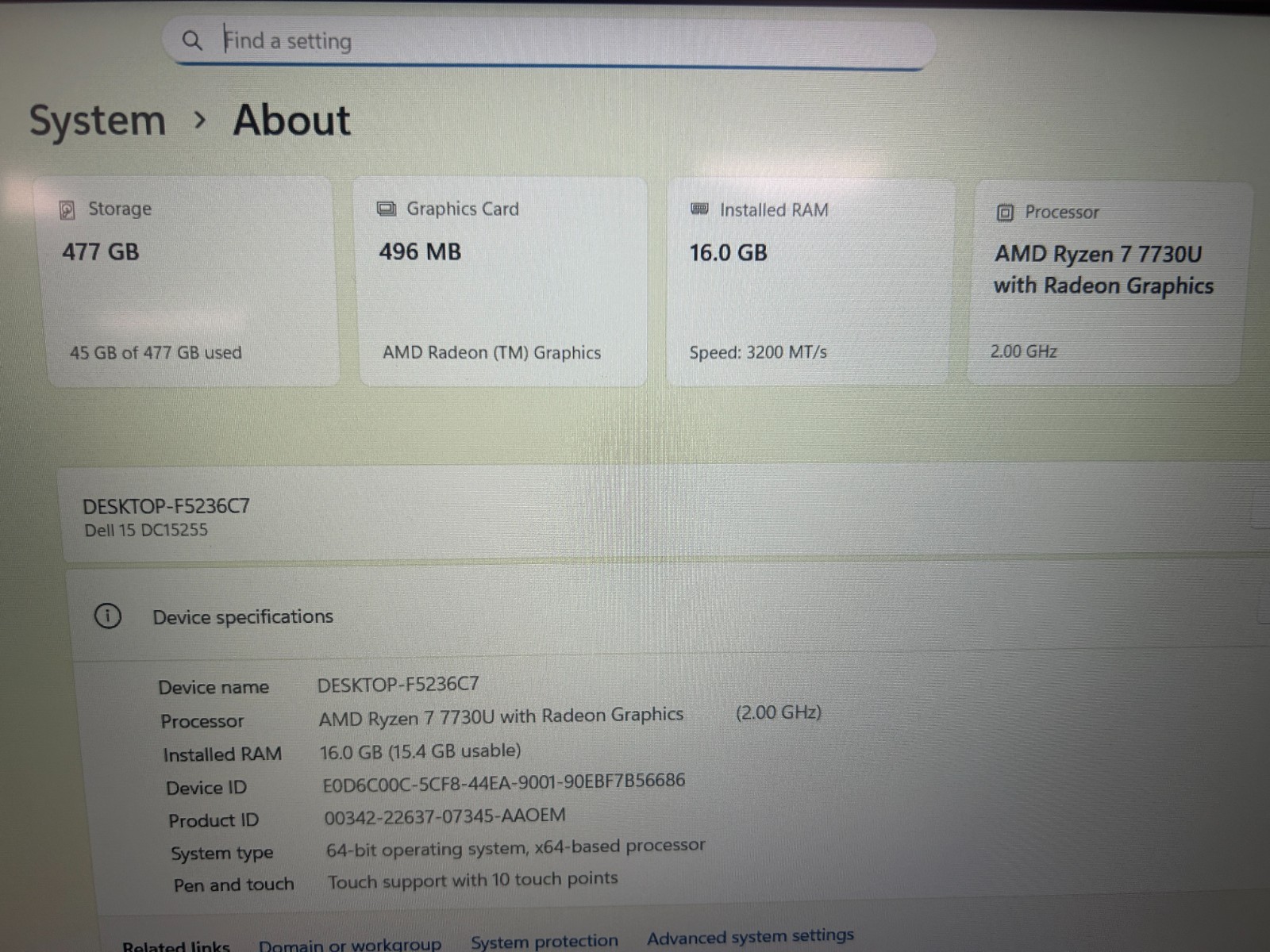 DELL 15 DC15255 G8MK9, AMD Ryzen 7 7730U, 2.00 GHz, 16 GB RAM, 512 GB NVMe