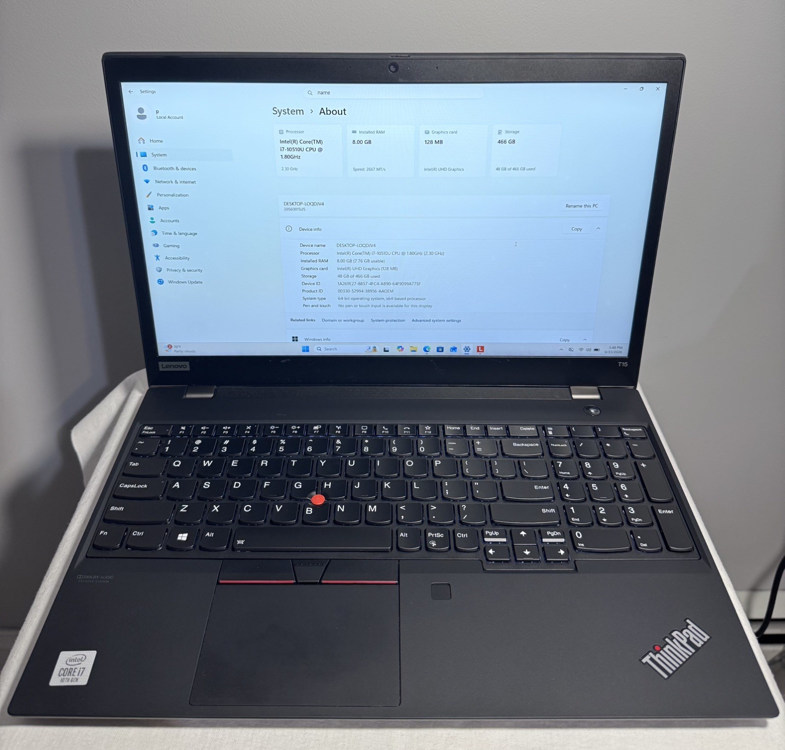 LENOVO ThinkPad T15 Gen1 i7 15.6″ 8GB RAM 512GB SSD WIN11P