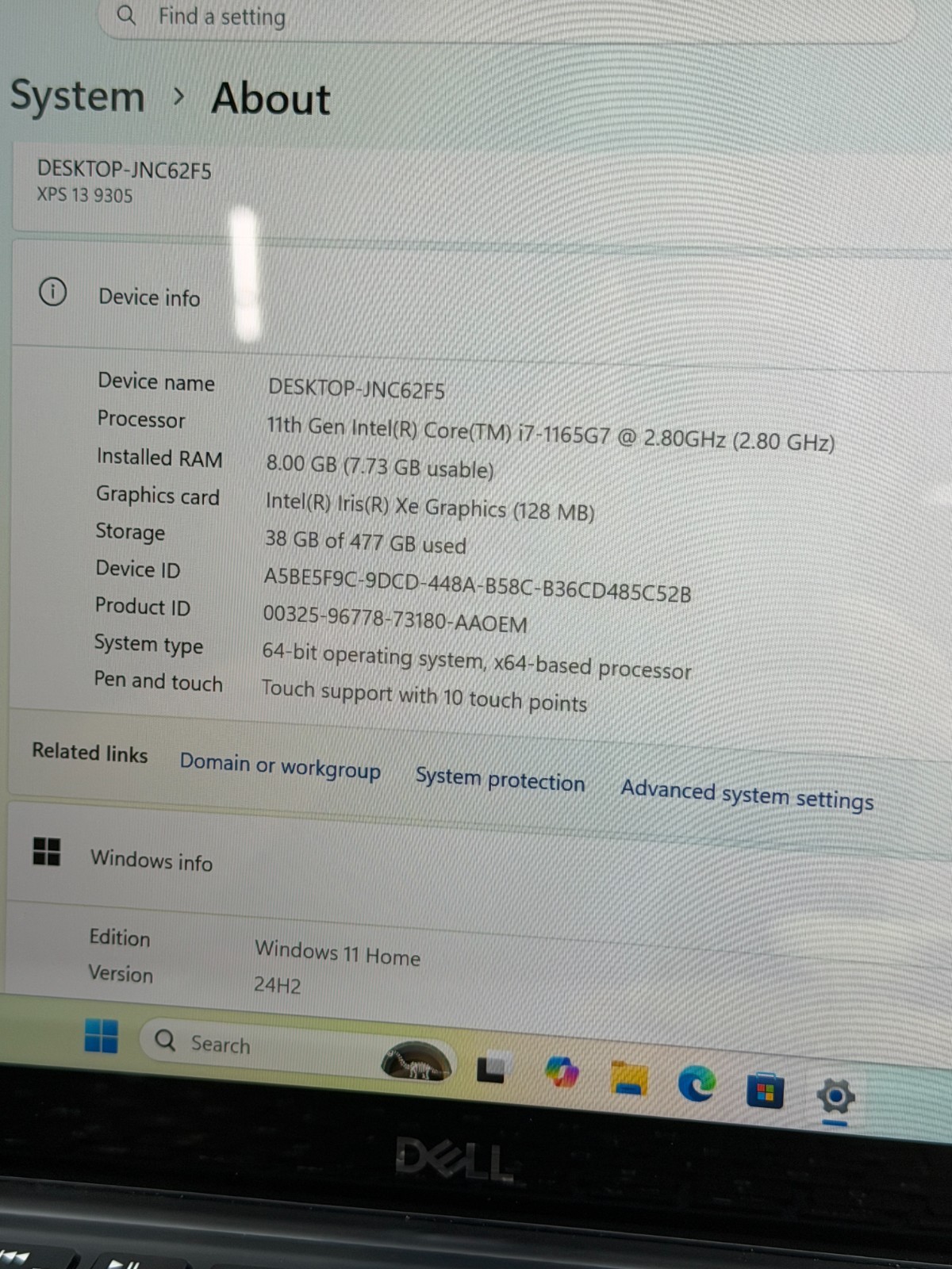 DELL XPS 13 9305 i7-1165G7@2.80GHz 8GB RAM 512GB NVMe W11H TOUCH