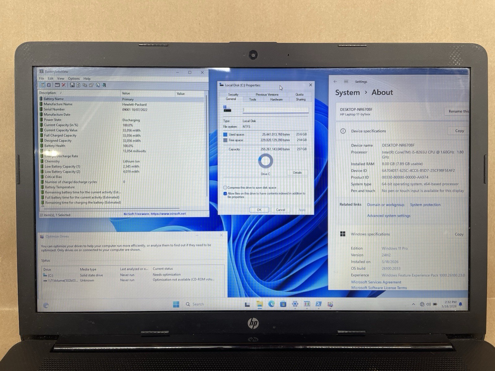 HP 17-by1053dx 17.3″ i5-8265U @ 1.60GHz 8GB RAM 256GB SSD Win11 Pro