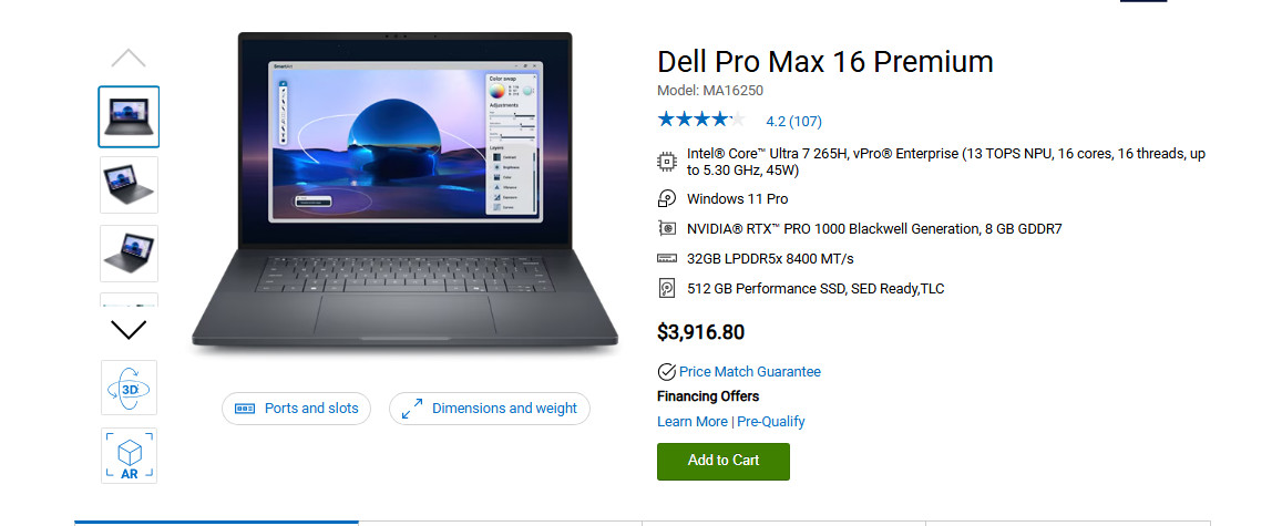 Dell Pro Max 16 Premium MA16250 Core Ultra 7 265H 16″ FHD+ 32GB LPDDR5x RTX 1000