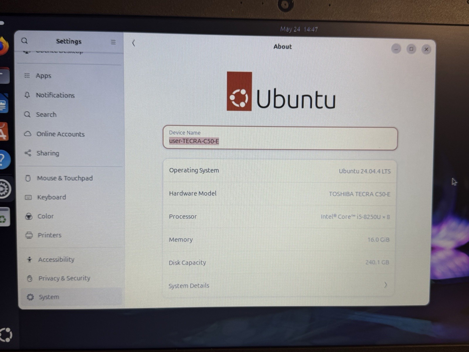 Toshiba Tecra C50-E i5-8250U 16GB RAM 240GB SSD Ubuntu 24.04 Laptop DVD-RW