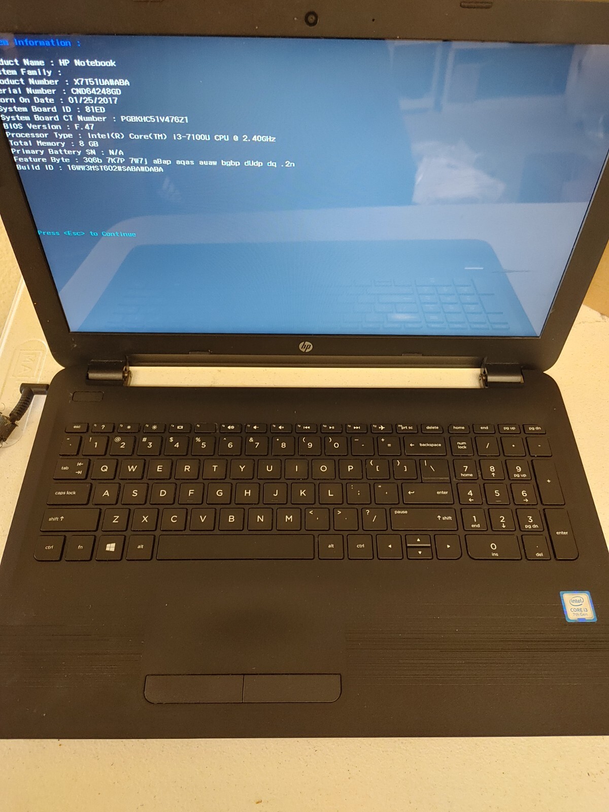 HP Notebook Core i3-7100U@ 2.40GHz, NO RAM , NO HD for parts