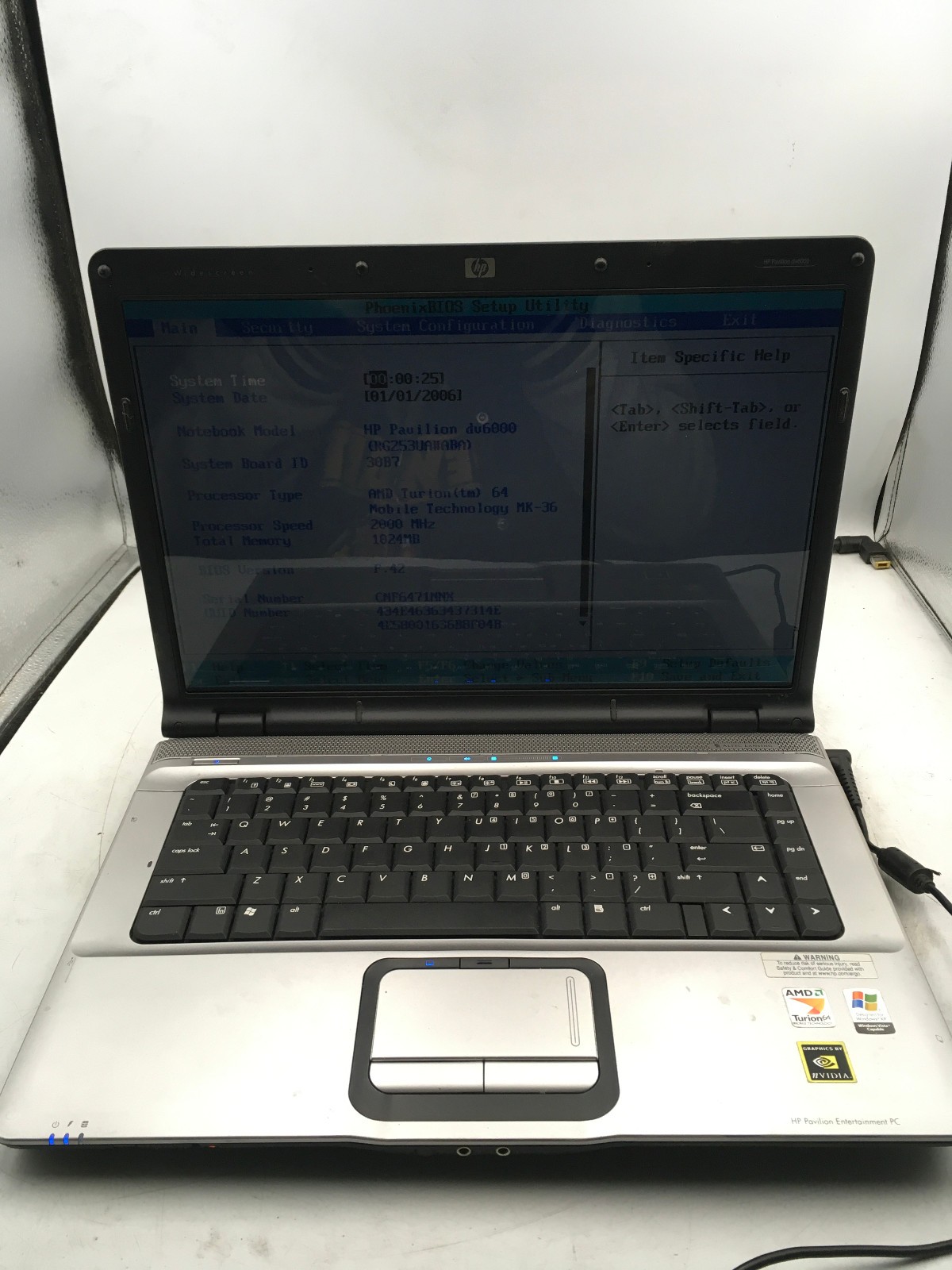 HP PAVILION DV6000 – BOOTS TO BIOS – AMD TURION 64 – 1GB RAM – READ DESC – BB!