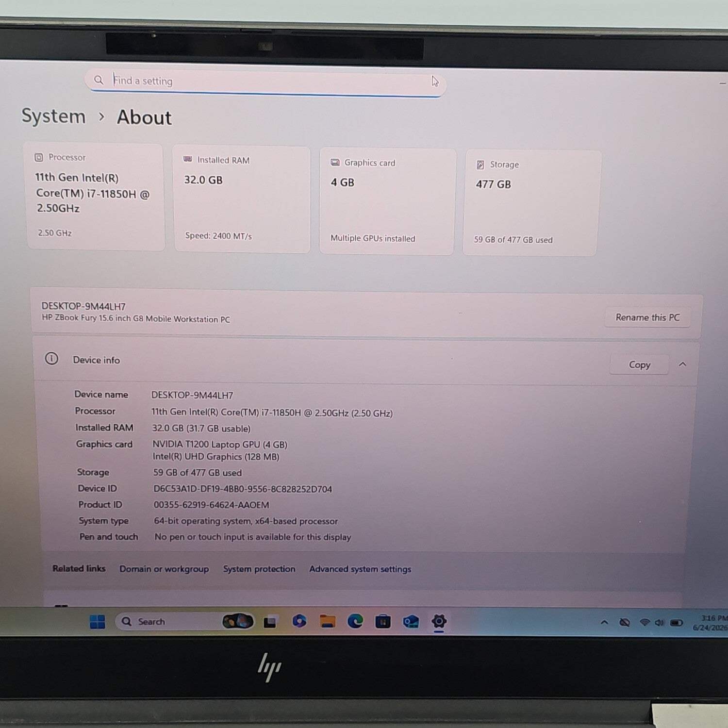 HP ZBook Fury 15 G8 15.6″ i7-11850H 2.5GHz 32GB RAM 512GB SSD Quadro T1200